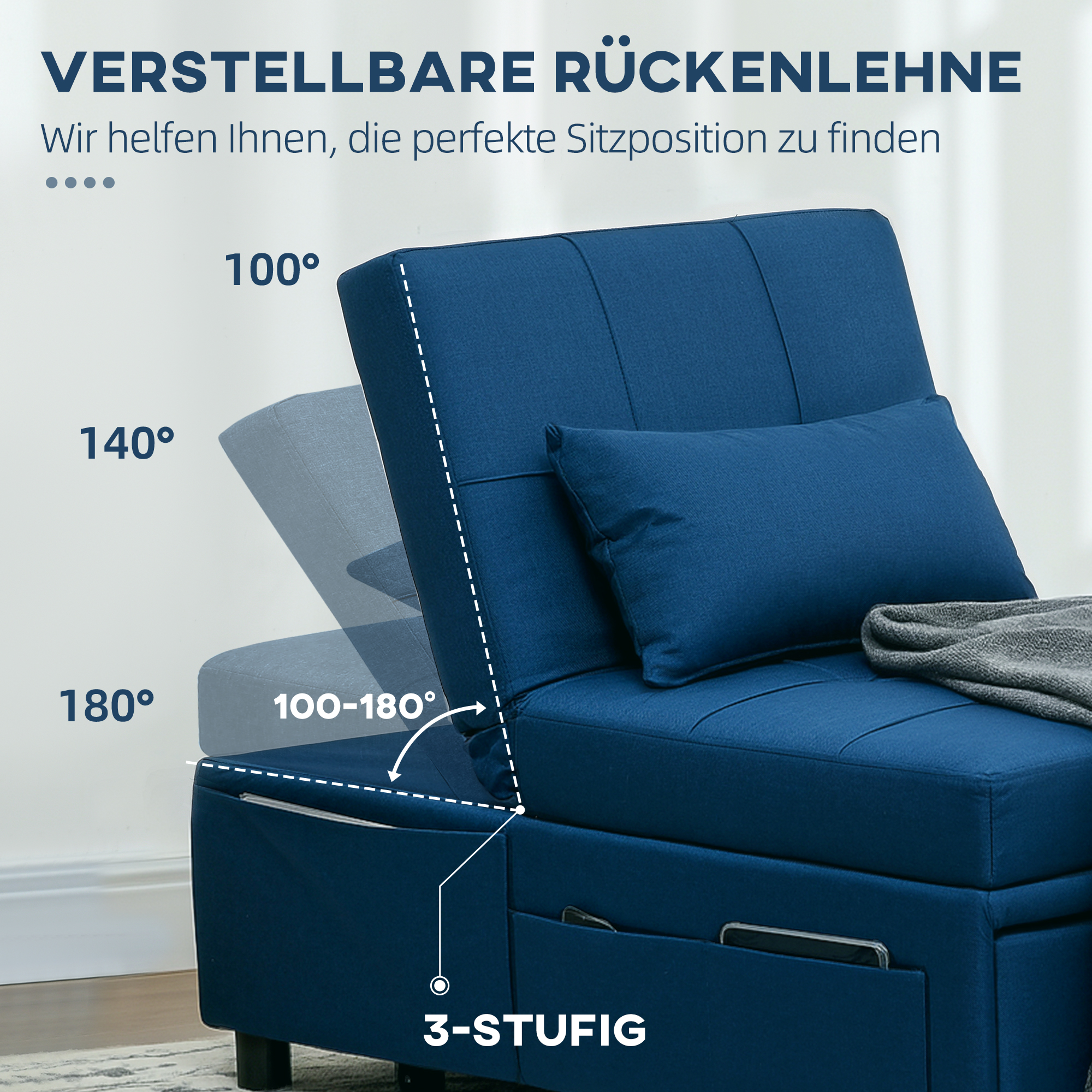 HOMCOM 3-in-1 Opvouwbare Fauteuil met Zijvak, Gastenbed met Kussen, Verstelbare Rugleuning, Stoelbed met Wielen, Blauw