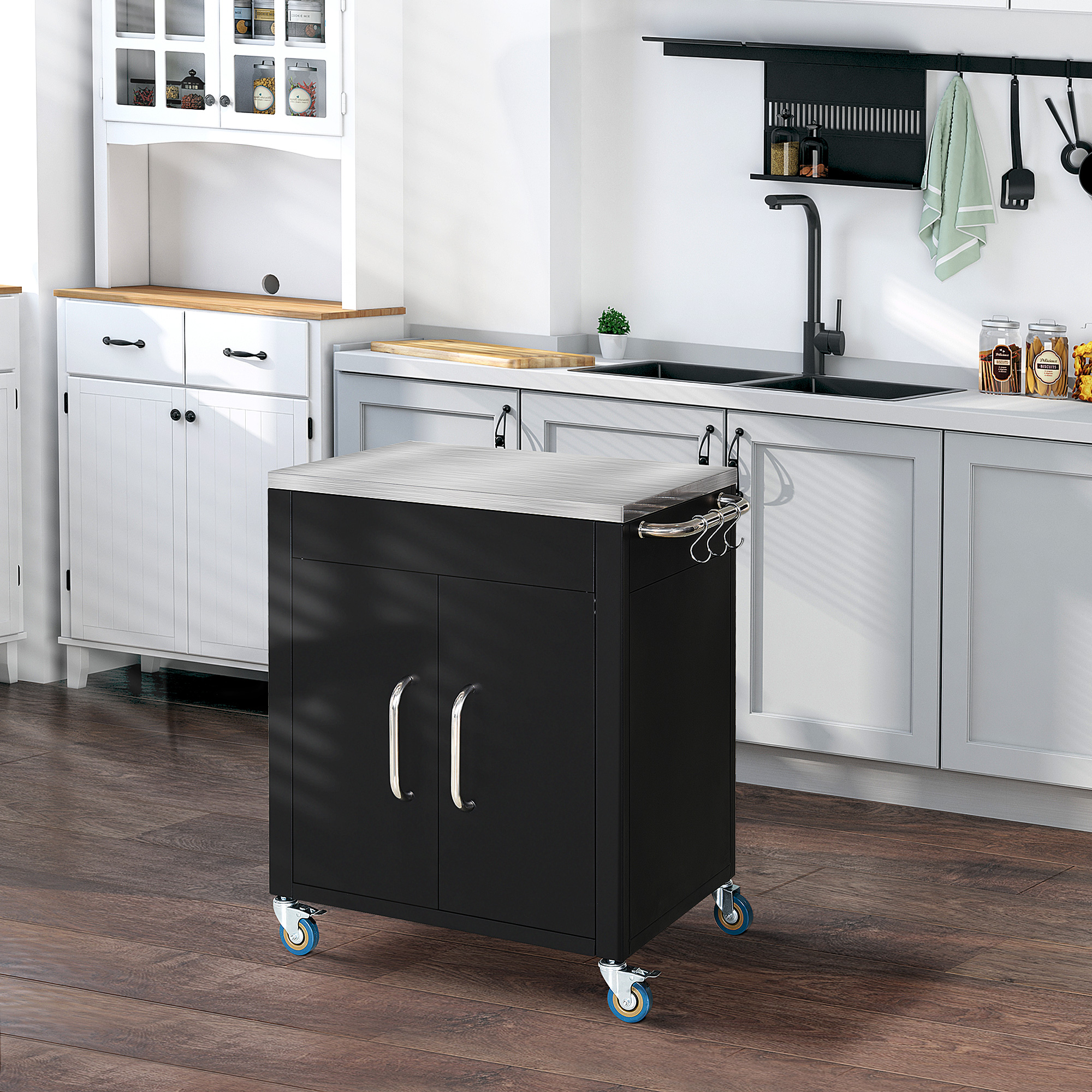 HOMCOM keukenwagen met wielen, serveerwagen, keukenhulp, rvs, zwart, 86 x 50 x 84,5 cm