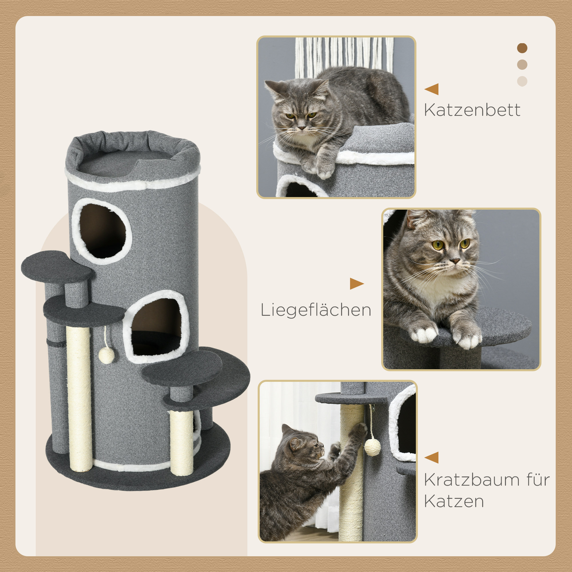 PawHut Kattenkrabpaal Krabton, 2 Kattenholen, 4 Ligplekken, 4 Krabpalen, 57 x 57 x 99 cm, Grijs + Wit