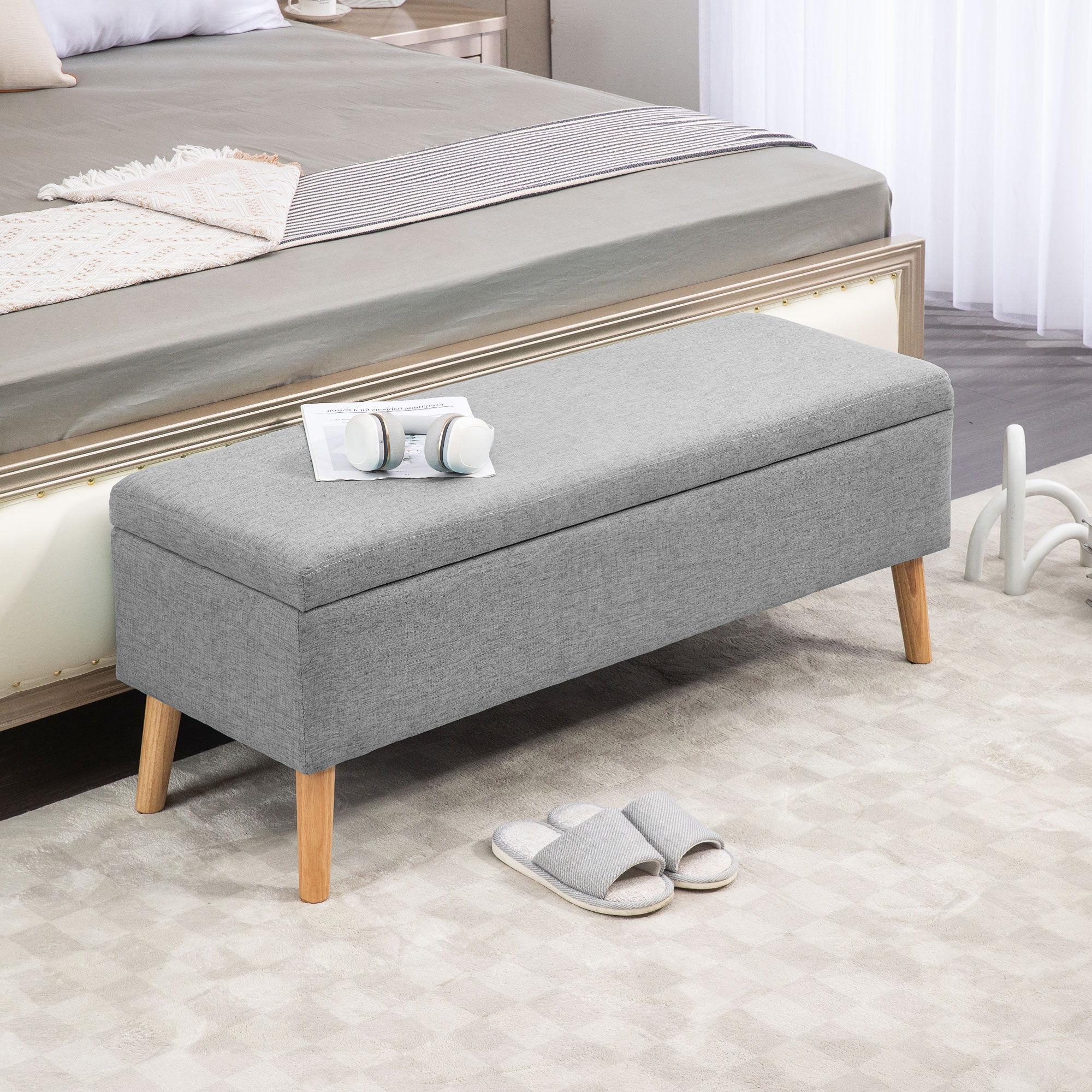 HOMCOM Gestoffeerde Bank met Opbergruimte, Linnenlook Bekleding, Rubberhout Poten, tot 220 kg, 110x39x45cm, Grijs