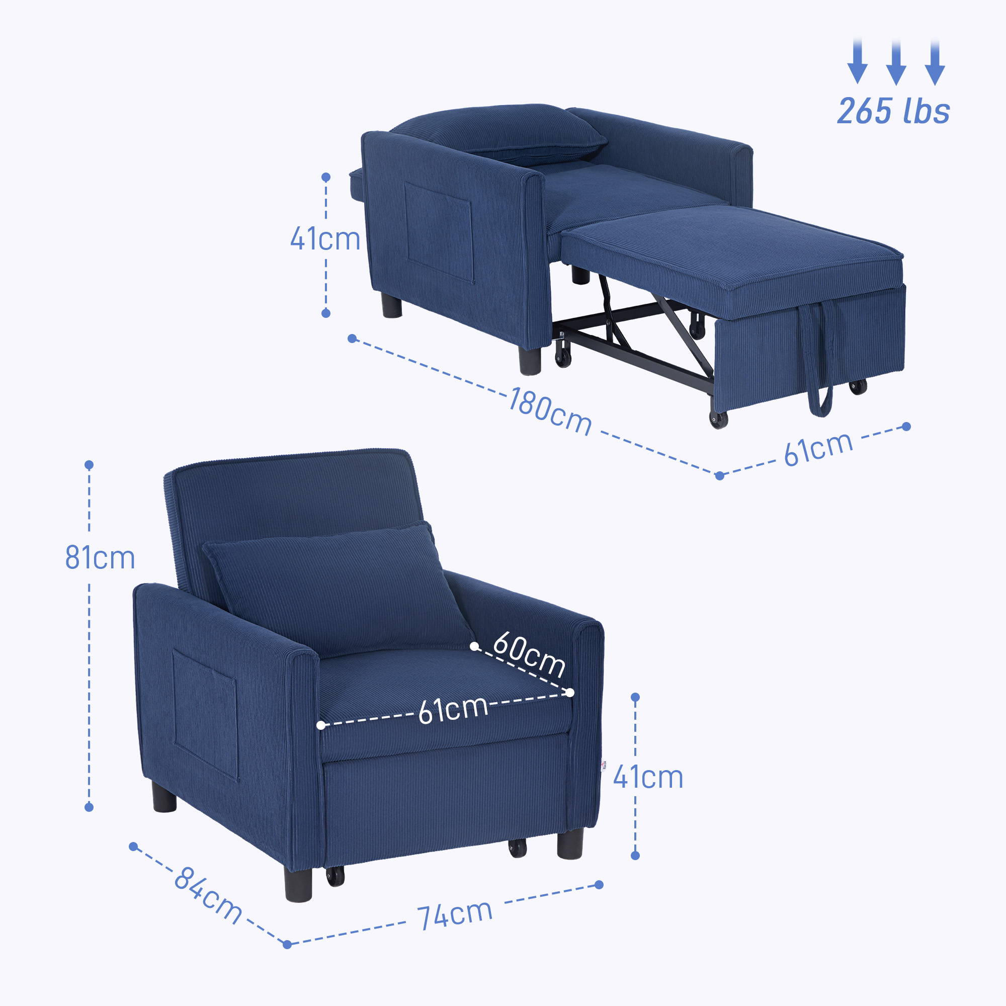 HOMCOM Slaapfauteuil, Verstelbaar, 3 Posities, Corduroy Bekleding, tot 120 kg, Blauw