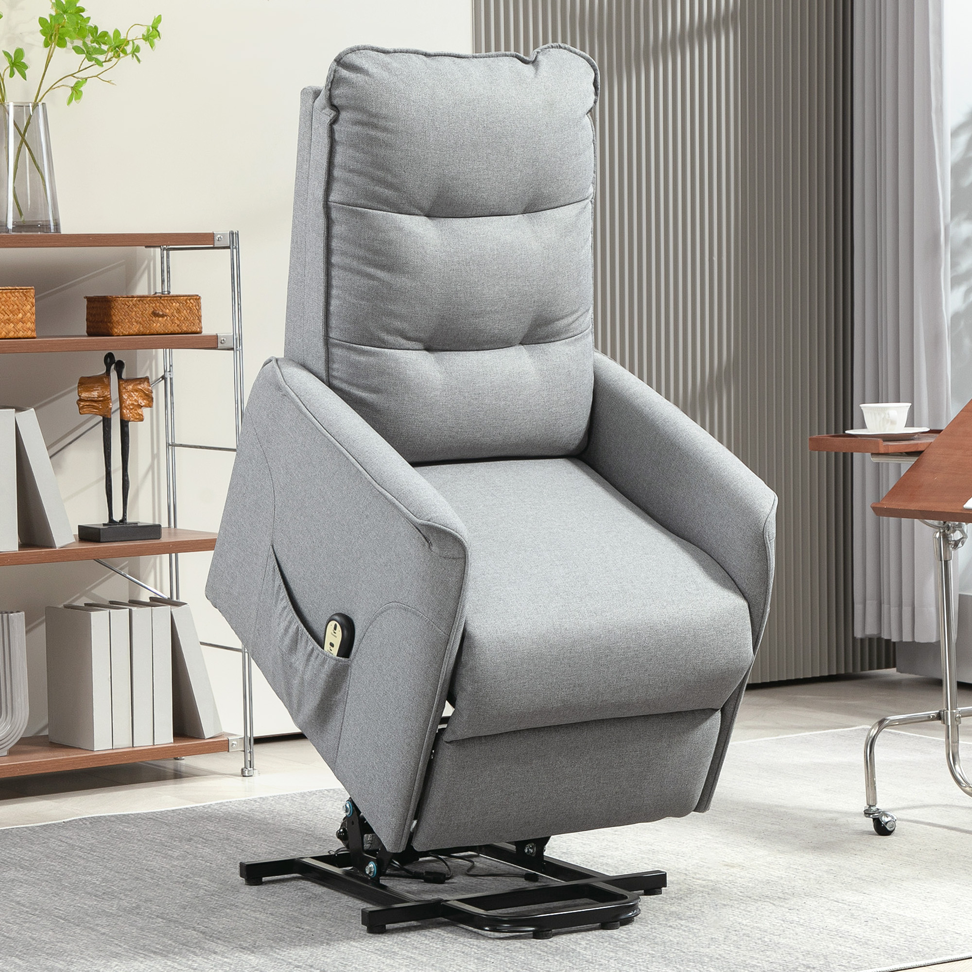 HOMCOM Opsta-fauteuil, Relaxfauteuil met Elektrische Opstahulp, met Afstandsbediening, Zijvak, Grijs
