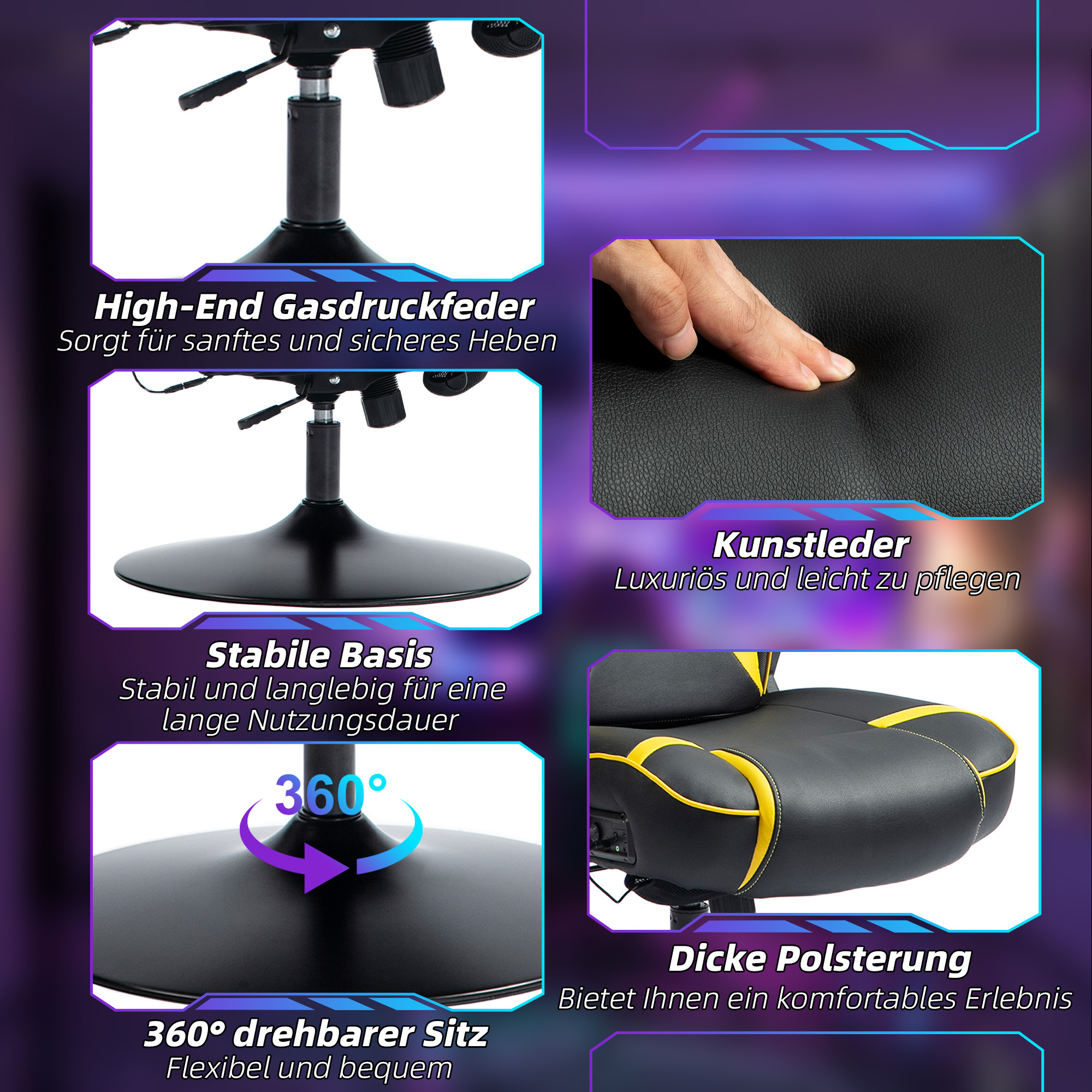 Vinsetto Gaming Stoel met Schommelfunctie en Luidspreker, Lenden- en Neksteun, voor Spelkamer, Kunstleer, Geel+Zwart