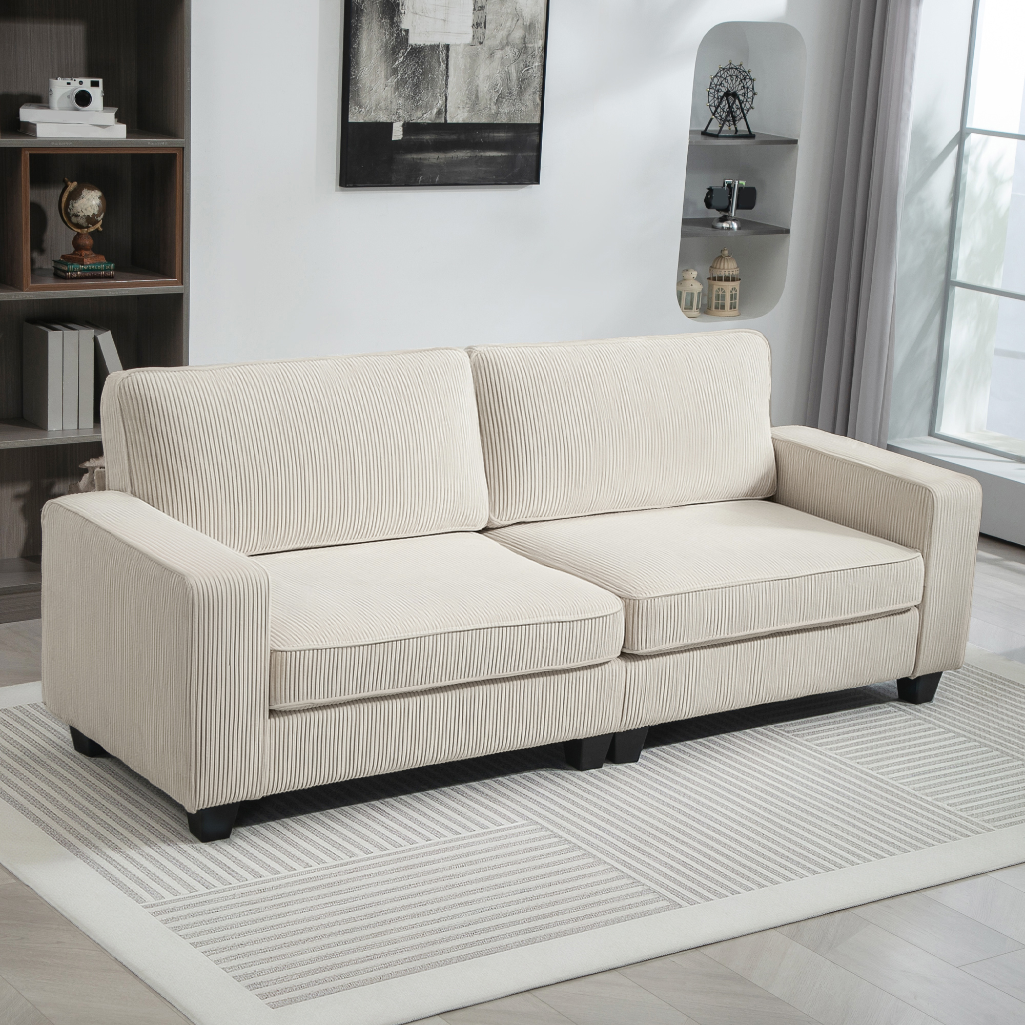 HOMCOM 3-Zitsbank met Corduroy Bekleding, Woonkamerbank met Pocketvering, tot 400 kg, 227 x 84 x 87 cm, Crèmewit