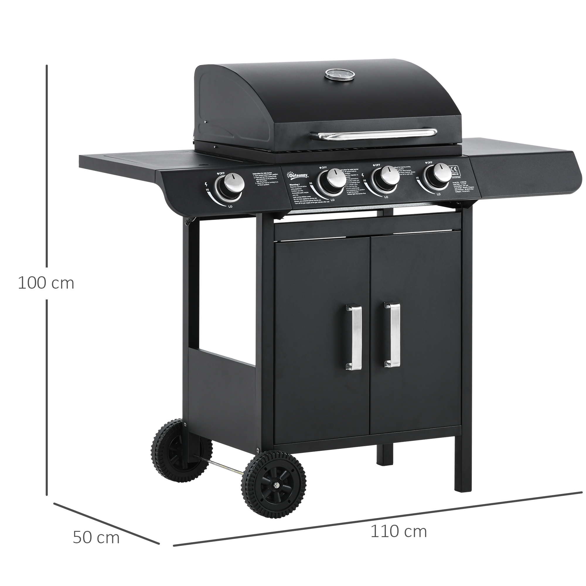 Outsunny gasgrill BBQ met 4 branders metaal zwart 110 x 50 x 100 cm
