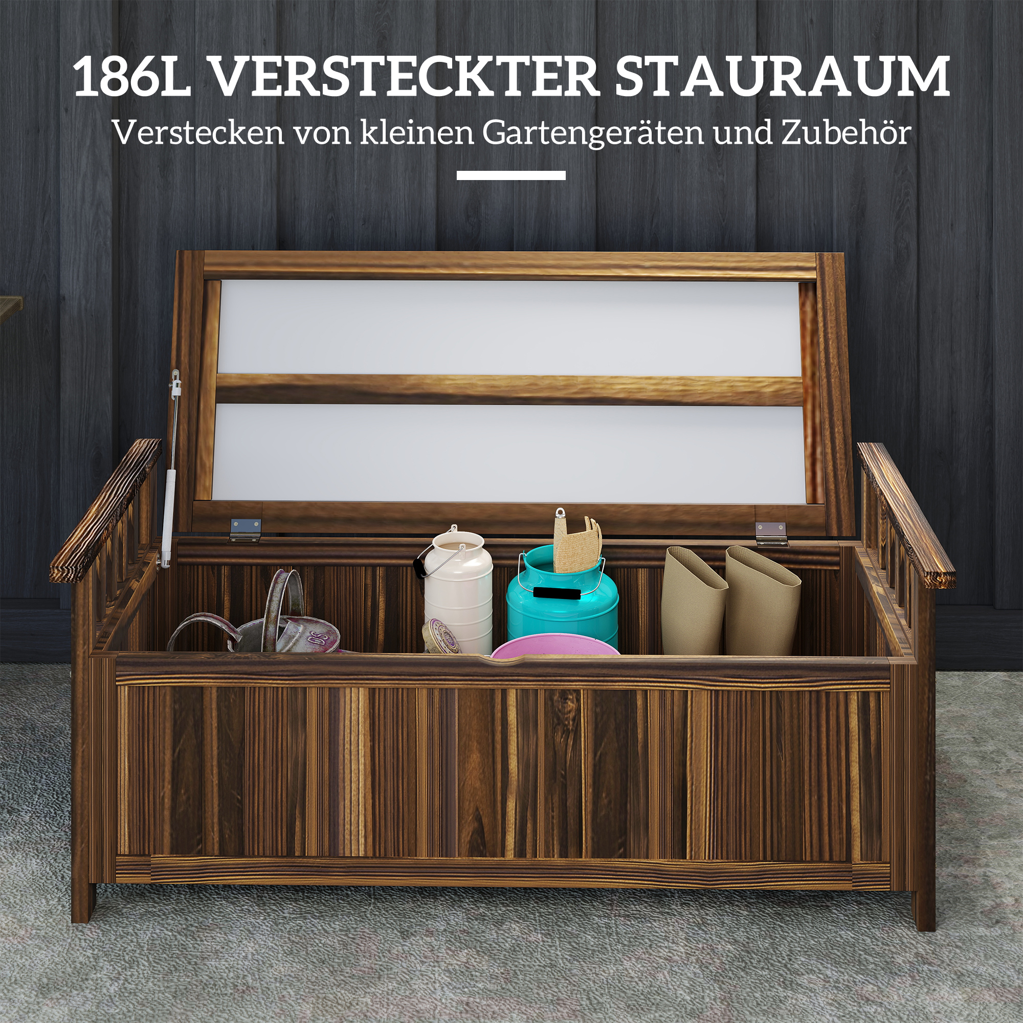 Outsunny 2-Zits Tuinbank van Hout met Weerbestendige Zitting, Tuinmeubilair met Opbergruimte en Armleuningen 128,5 x 56 x 53,5cm, Verkoold
