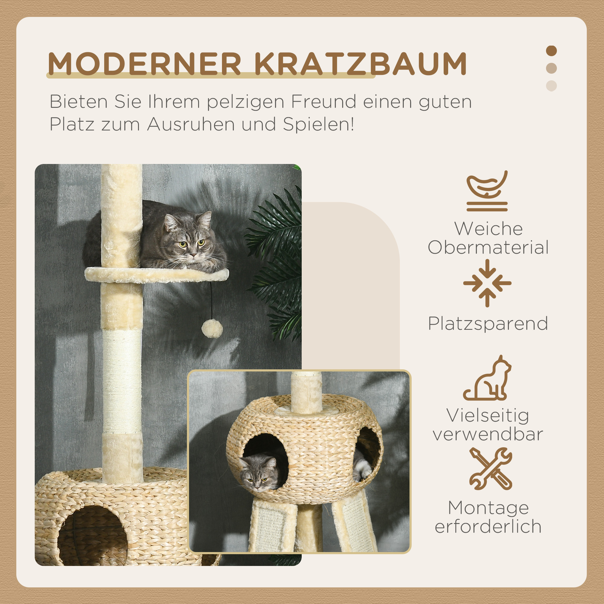 PawHut Krabpaal kattenboom, 1 kattenhol, 1 kattenbed, 1 ligplaats, 1 helling, 60 cm x 40 cm x 98 cm, Natuur + Beige
