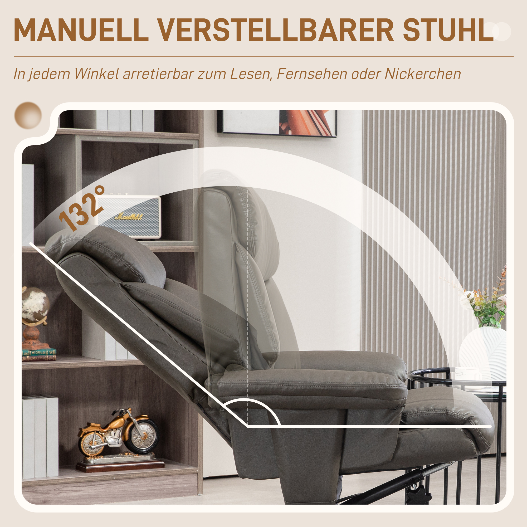 HOMCOM Relaxstoel met kruk, verstelbare rugleuning, kunstleer, tot 150 kg, grijs