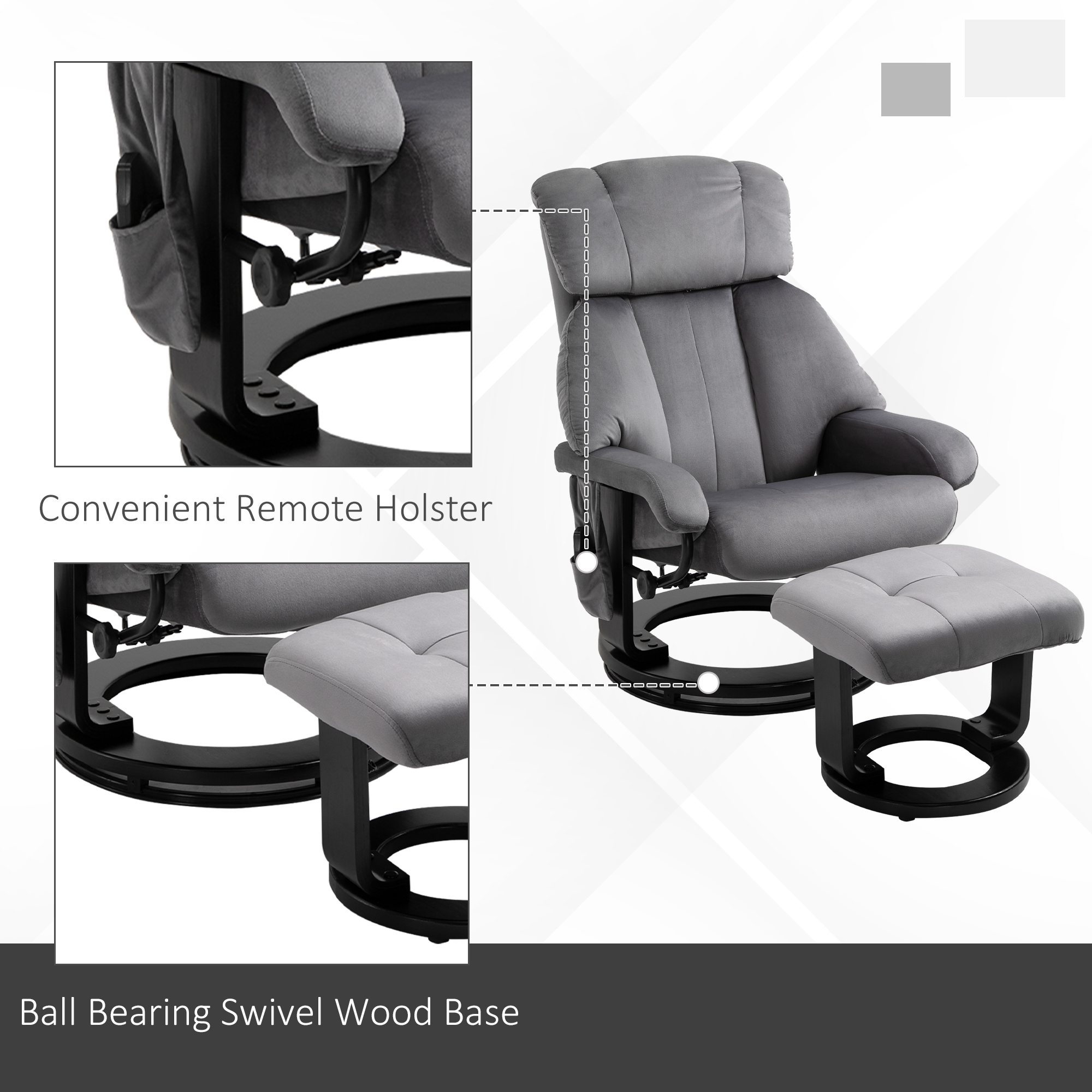 HOMCOM massagefauteuil TV fauteuil fauteuil met kruk massagefunctie fluweelachtig polyester grijs 76 x 80 x 102 cm