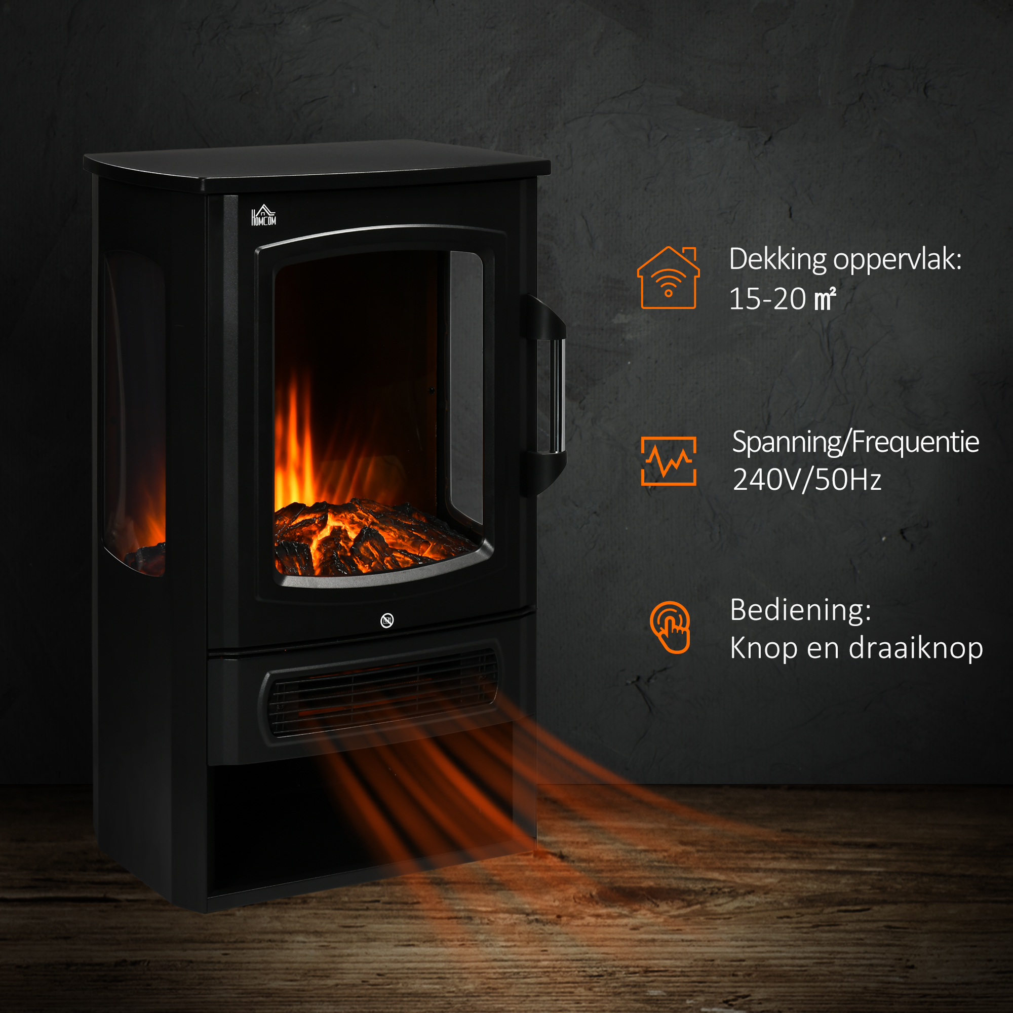 HOMCOM elektrische haard, realistische vlammen, 2 verwarmingsniveaus, bescherming tegen oververhitting, staal, zwart, 44,5 x 32 x 74 cm