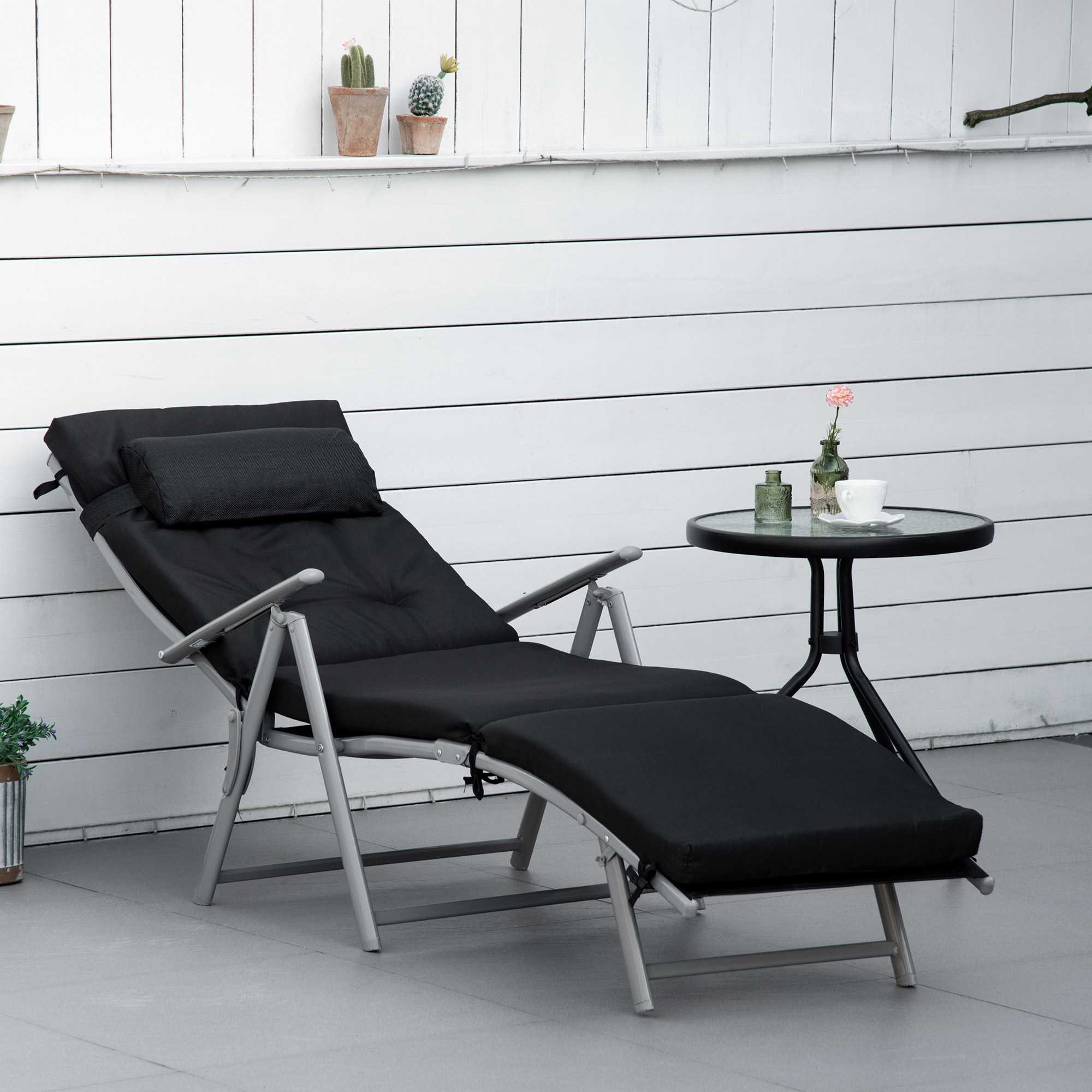 Outsunny Ligbank, Opvouwbare Tuinligbed, Metaal, Verstelbaar, Zwart