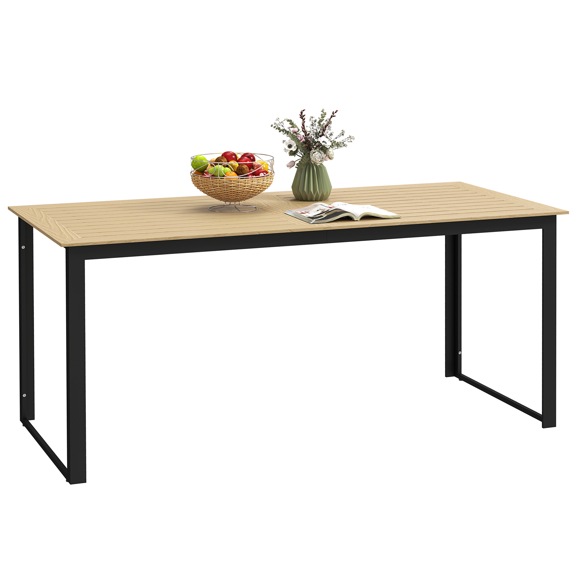 Outsunny Tuintafel Metaal 175x78 cm Weerbestendig Balkontafel met Houtlook, Anti-slip Eettafel Zwart