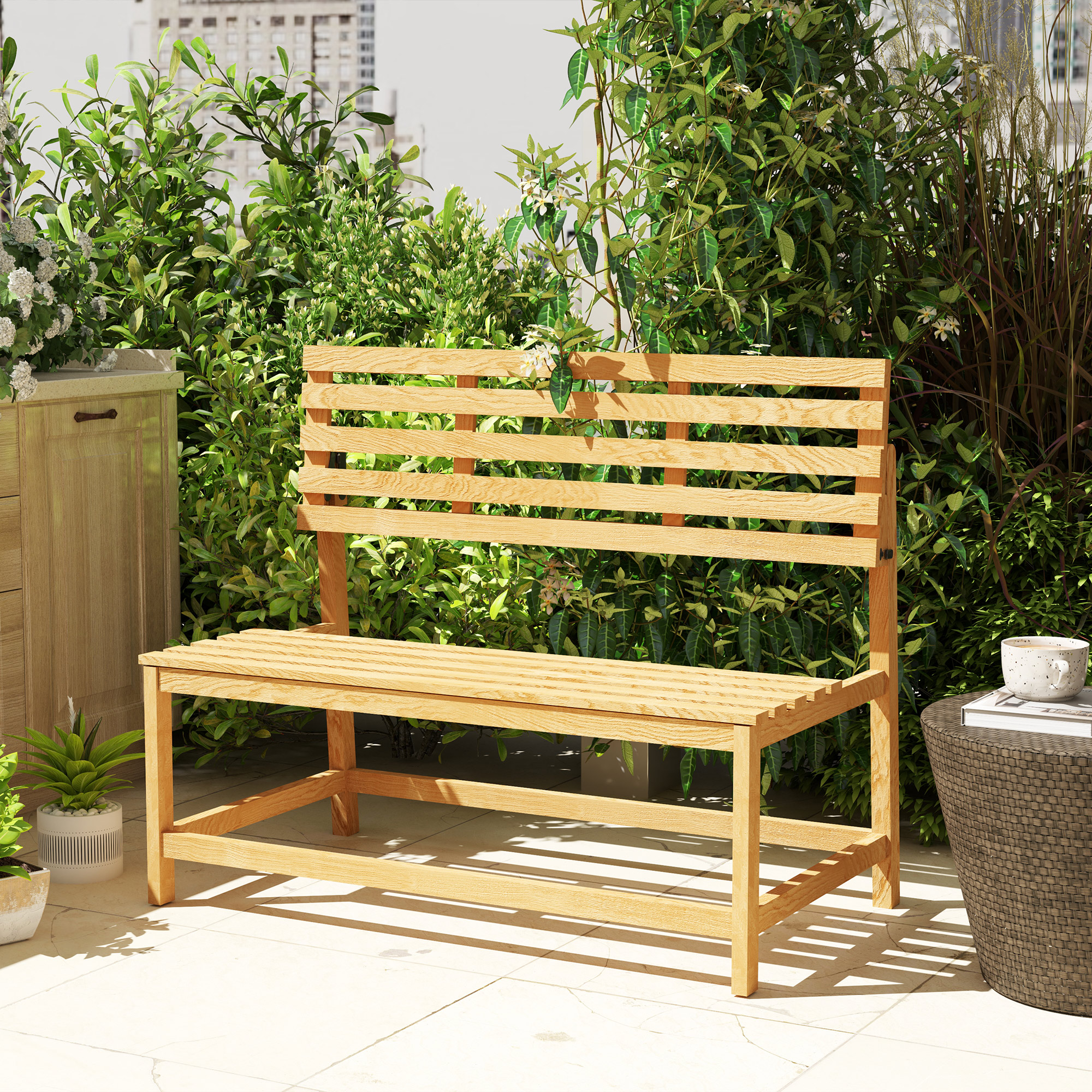 Outsunny 2-zits Tuinbank van Hout, Weerbestendige Zitbank, UV-Bestendige Tuinmeubelen met Omzetbare Rugleuningen 110x61x89cm, Teak