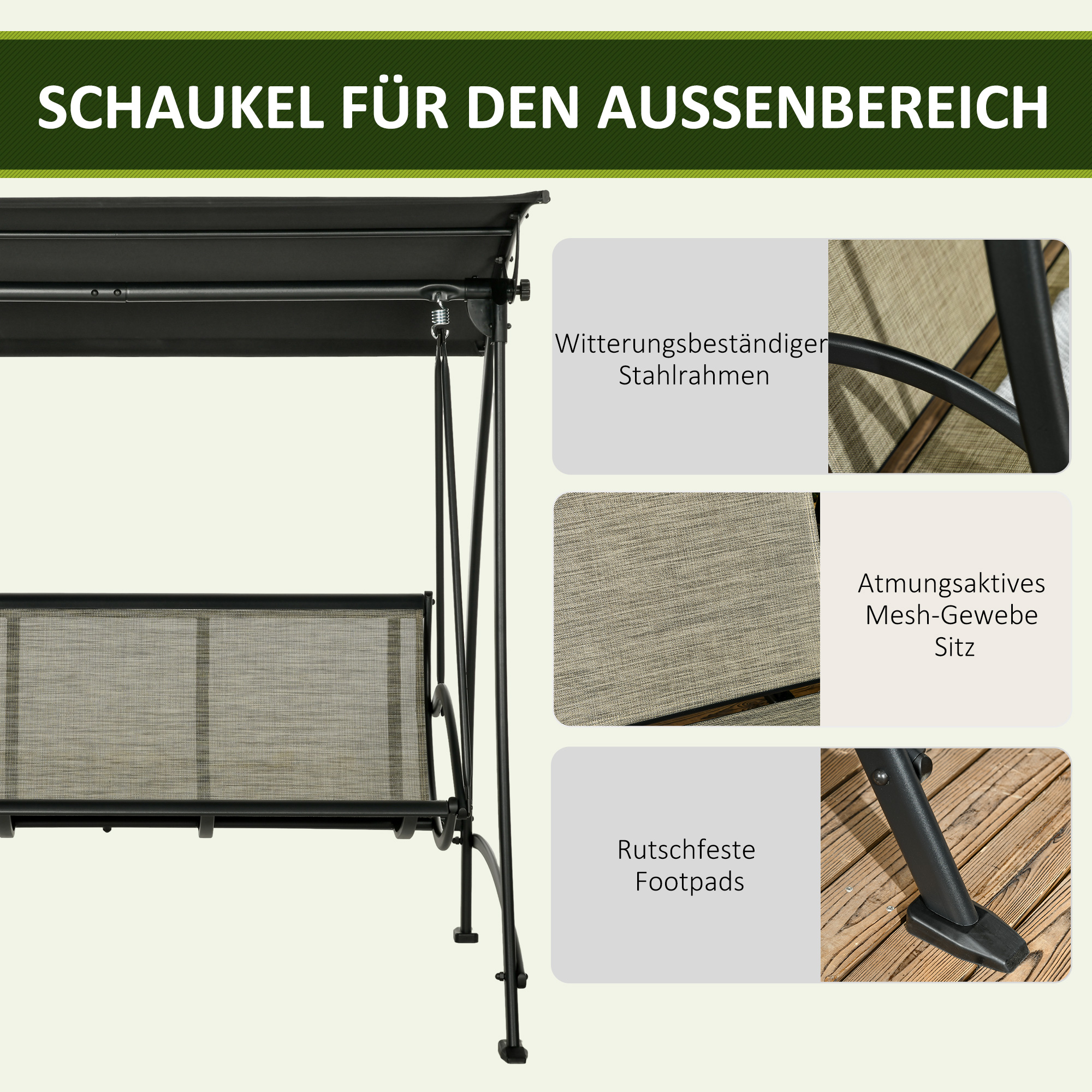 Outsunny Schommelbank voor 3 personen, verstelbaar dak, weerbestendig, stalen frame, zwart/bruin