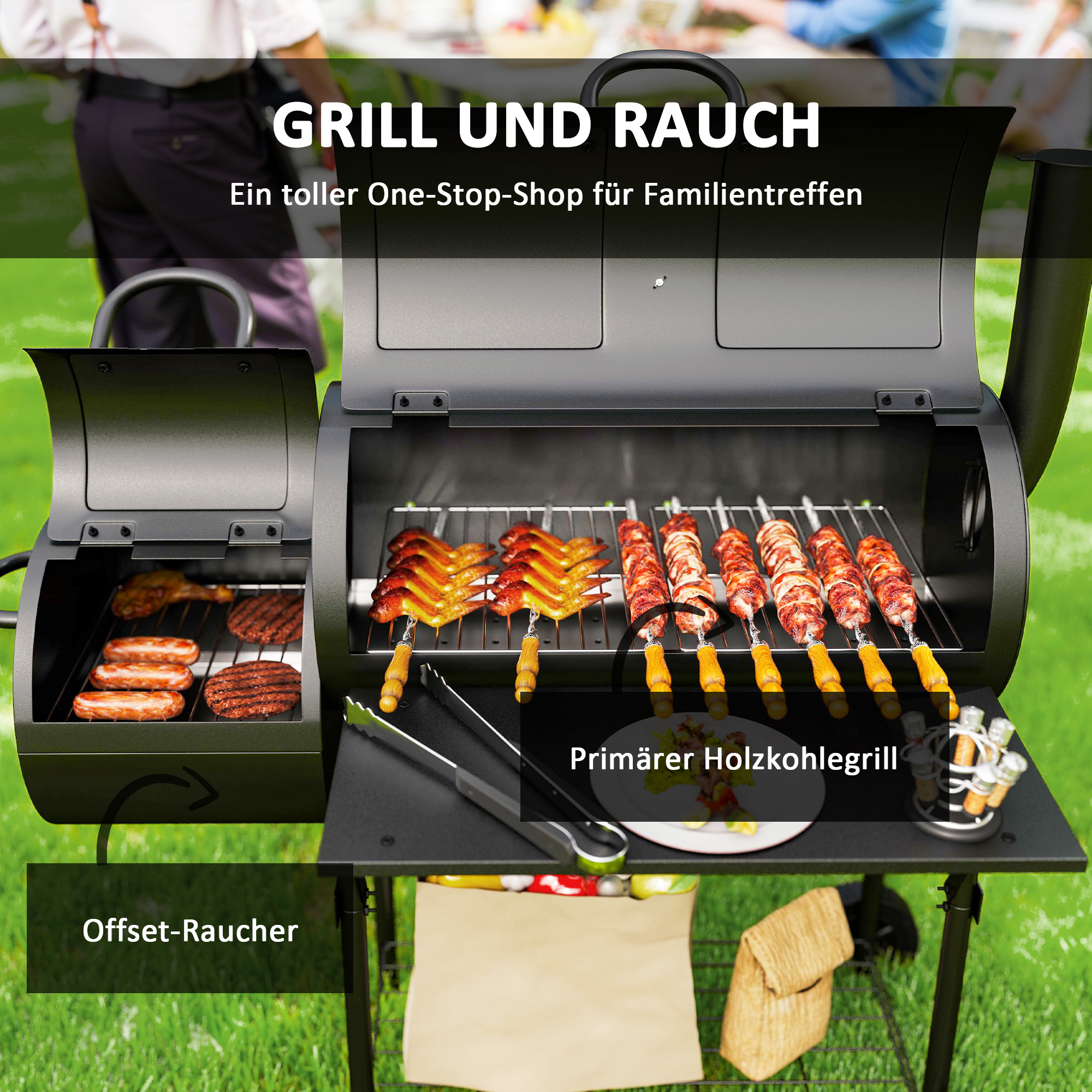 Outsunny Stalen Houtskoolgrill BBQ Smoker met Deksel, Thermometer, Wielen, Luchttoevoer, Kolenbak