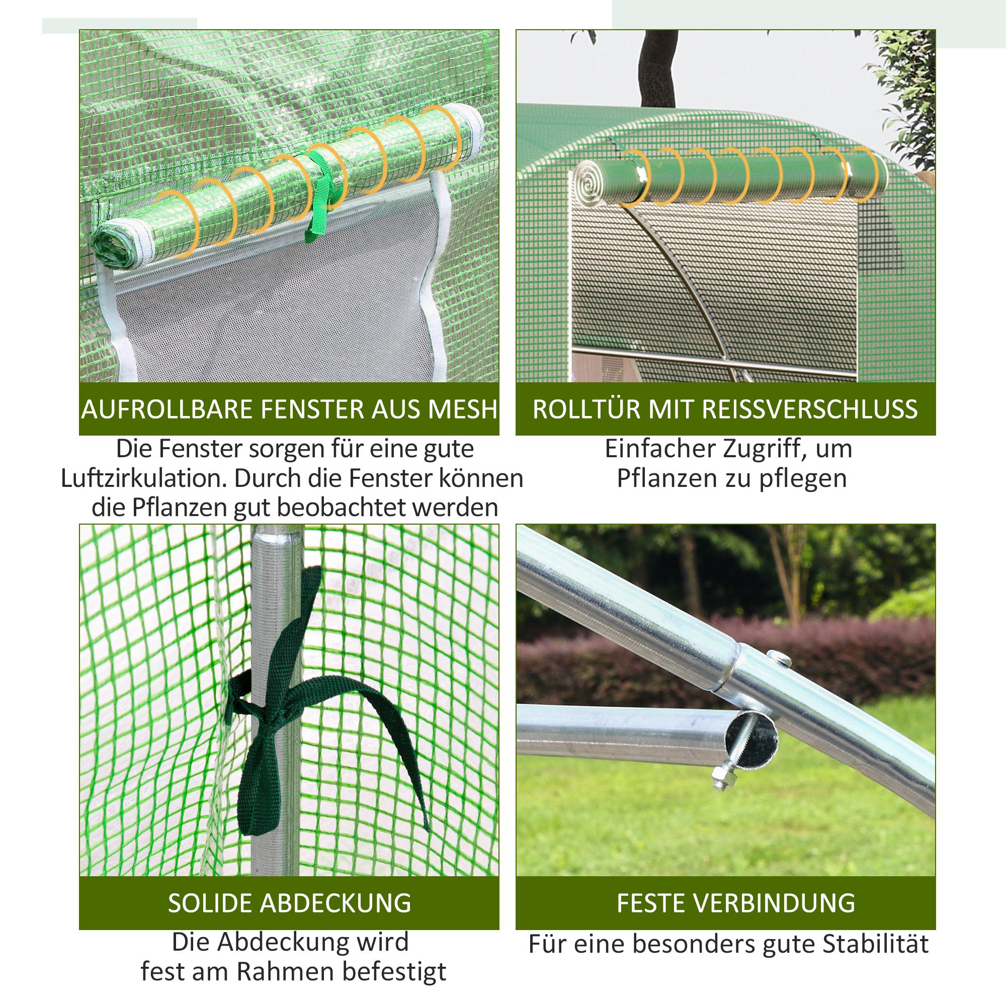 Outsunny Kas met folie, loopbaar, 8 ramen met vliegengaas, stevige folie, stalen frame, 6 x 3 x 2 m, groen
