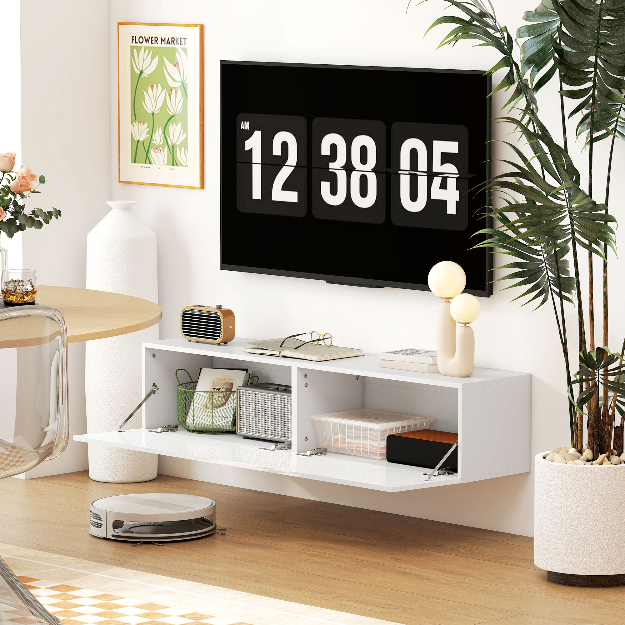HOMCOM Wandgemonteerde Tv-kast, Zwevende Tv-console met Veel Afzetgebied en Opbergruimte, Spaanplaat, Wit