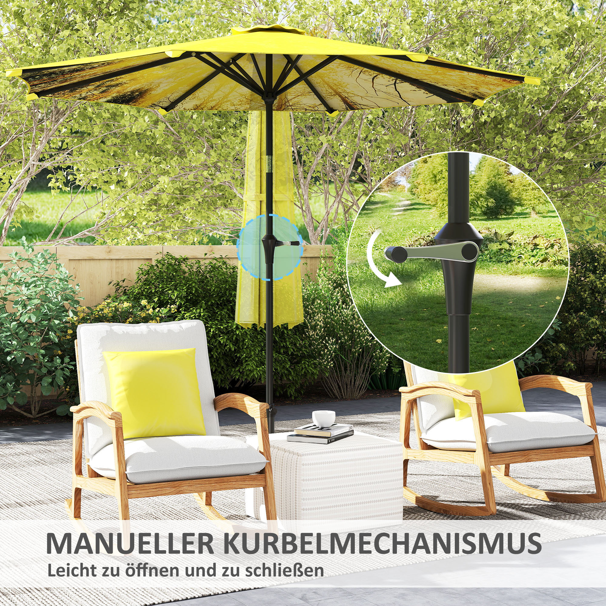 Outsunny Parasol Ø300 cm met Handmolen, Achthoekig, Geel