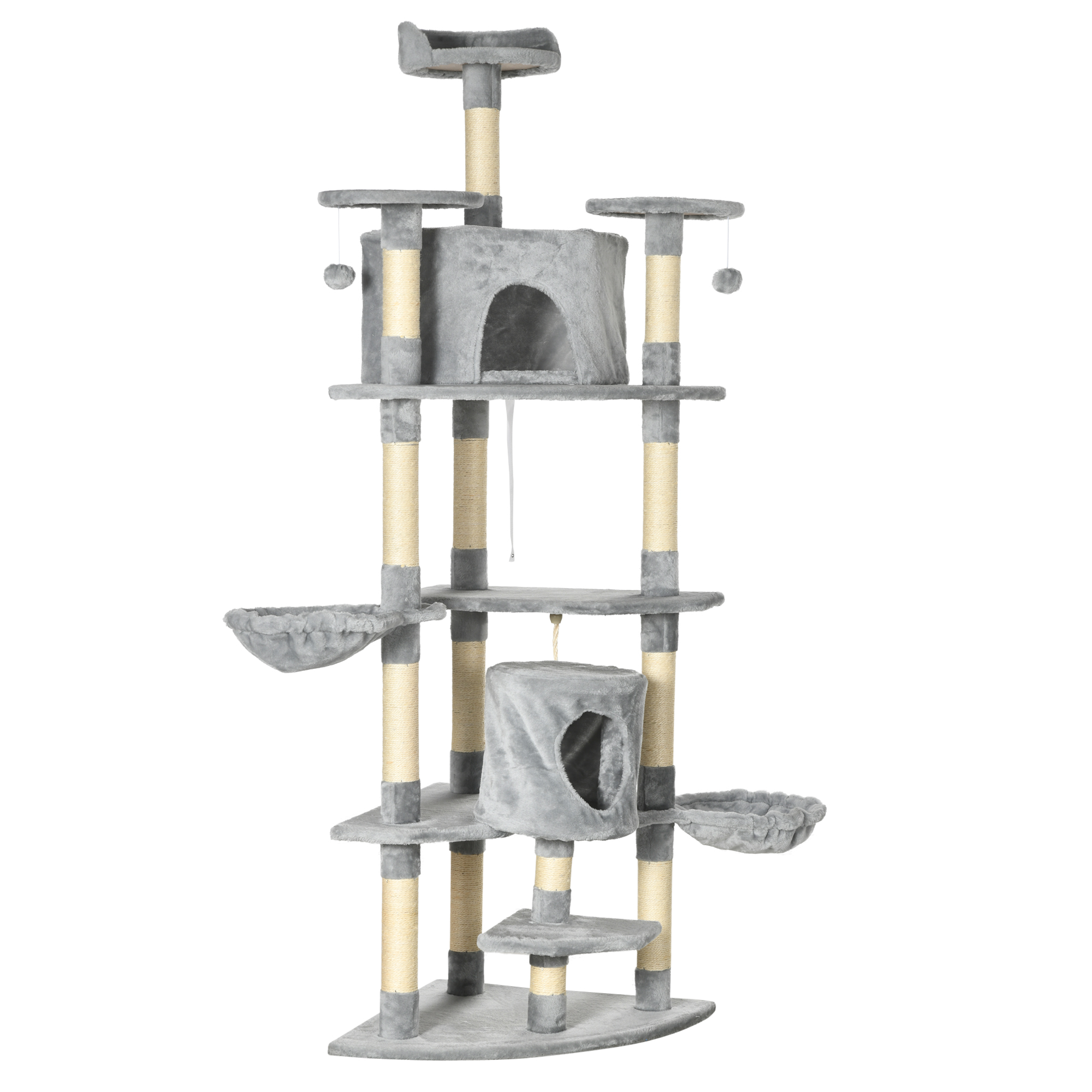 PawHut Krabpaal met 2 Hangmatten en 2 Kattenholen, Inclusief Speelgoed, Pluche en Sisaltouw - Lichtgrijs