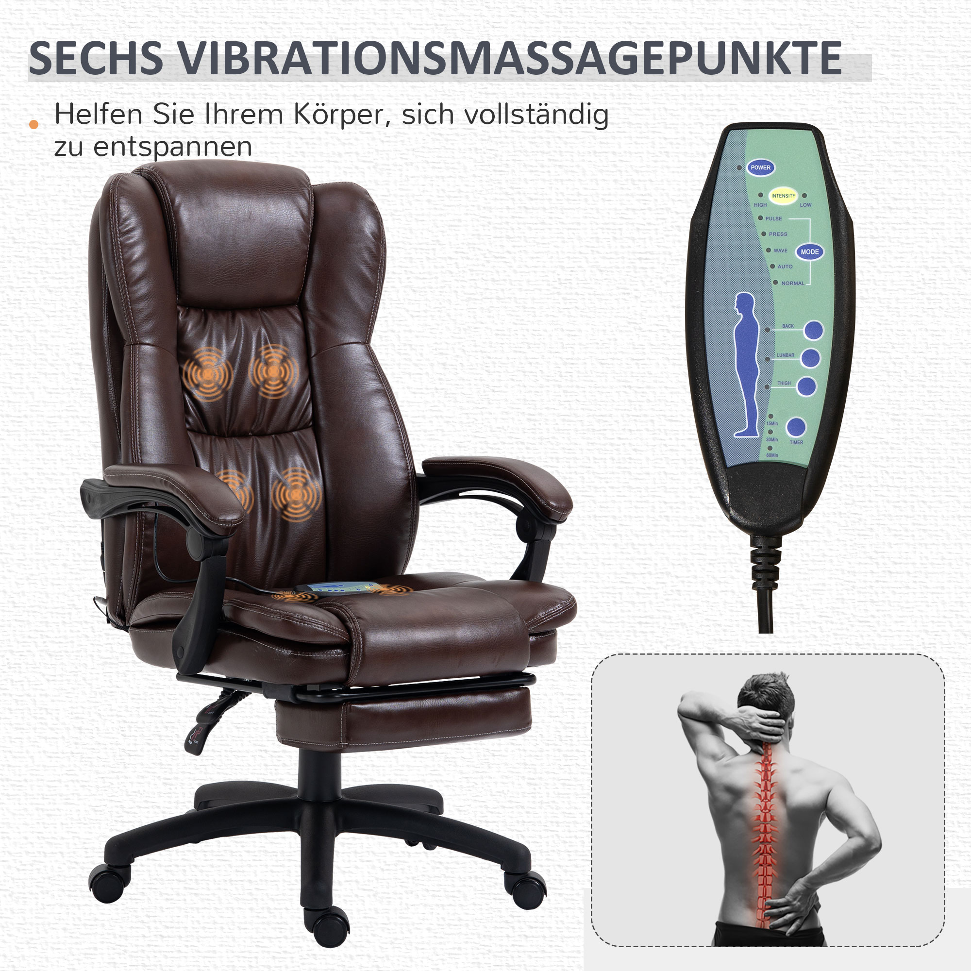Vinsetto bureaustoel stoel directiestoel draaibare stoel met massagefunctie ligfunctie kunstleer schuimstof PP kunststof nylon bruin 68,5 x 68,5 x 119-127 cm