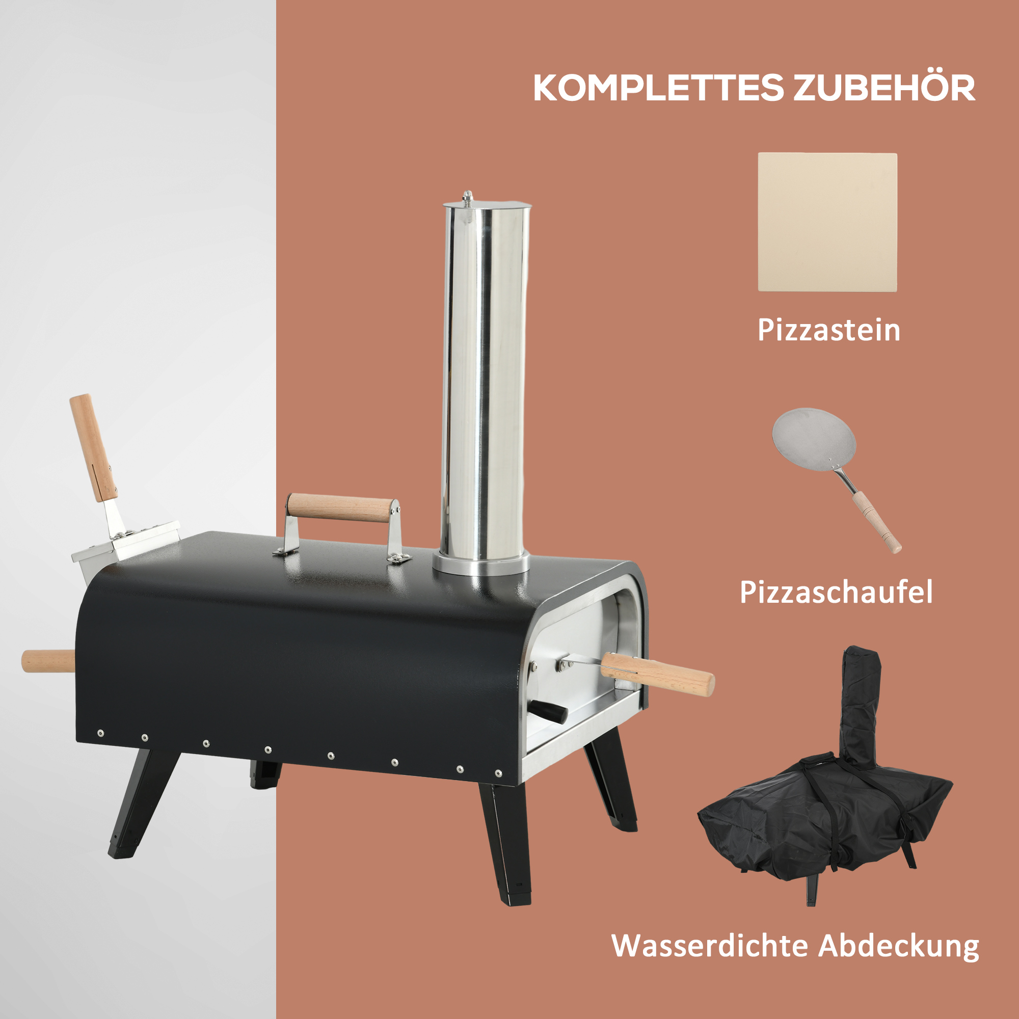 Outsunny Pizzaoven Pizza Houtoven, 1 Pizzaschep, 1 Pizzasteen, 81 x 40 x 72 cm, Zwart + Natuur