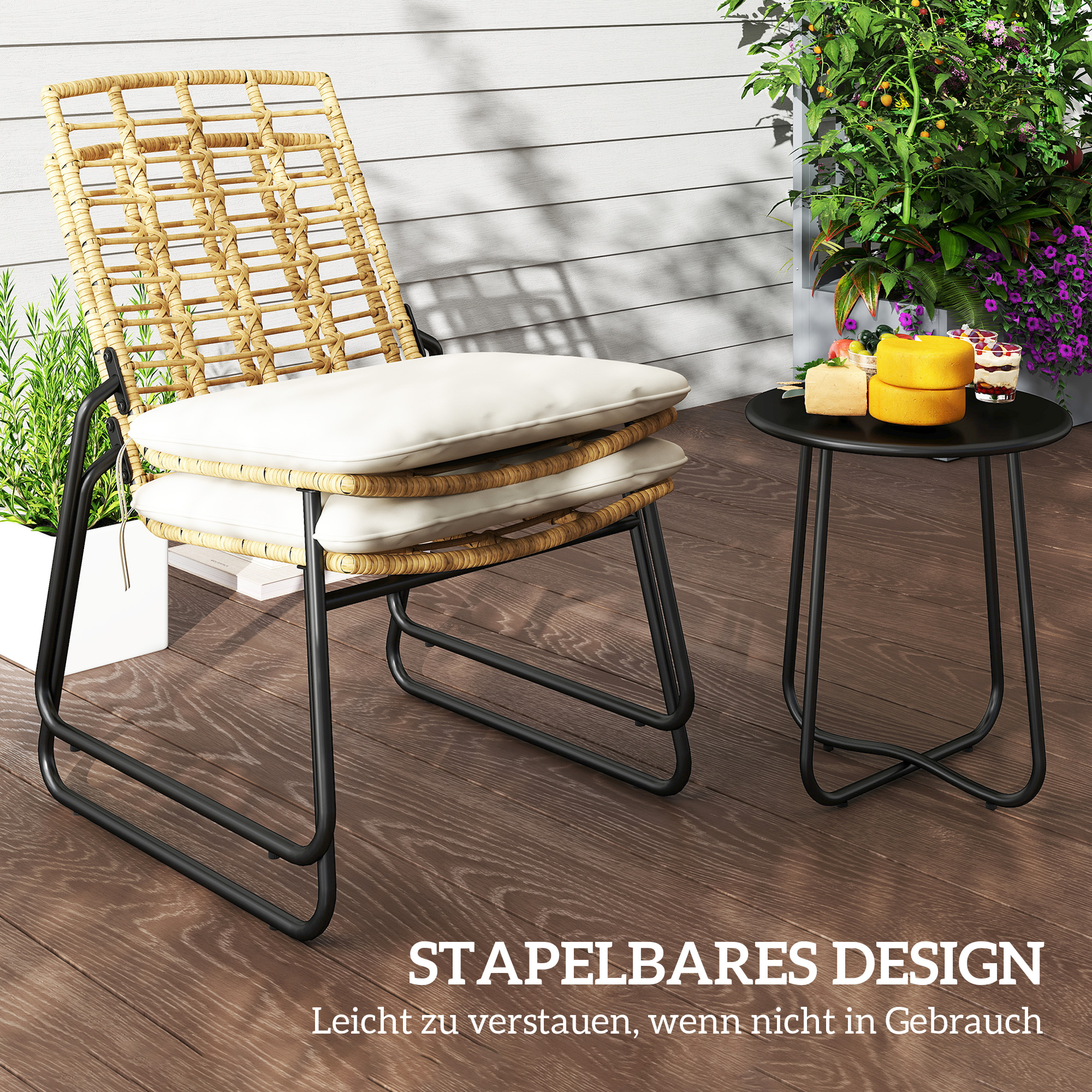 Outsunny 3-delig Tuinmeubelset, 2 Rattan Stoelen, 1 Tafel met Metalen Blad, Zitkussens, Bistroset, Beige & Bruin