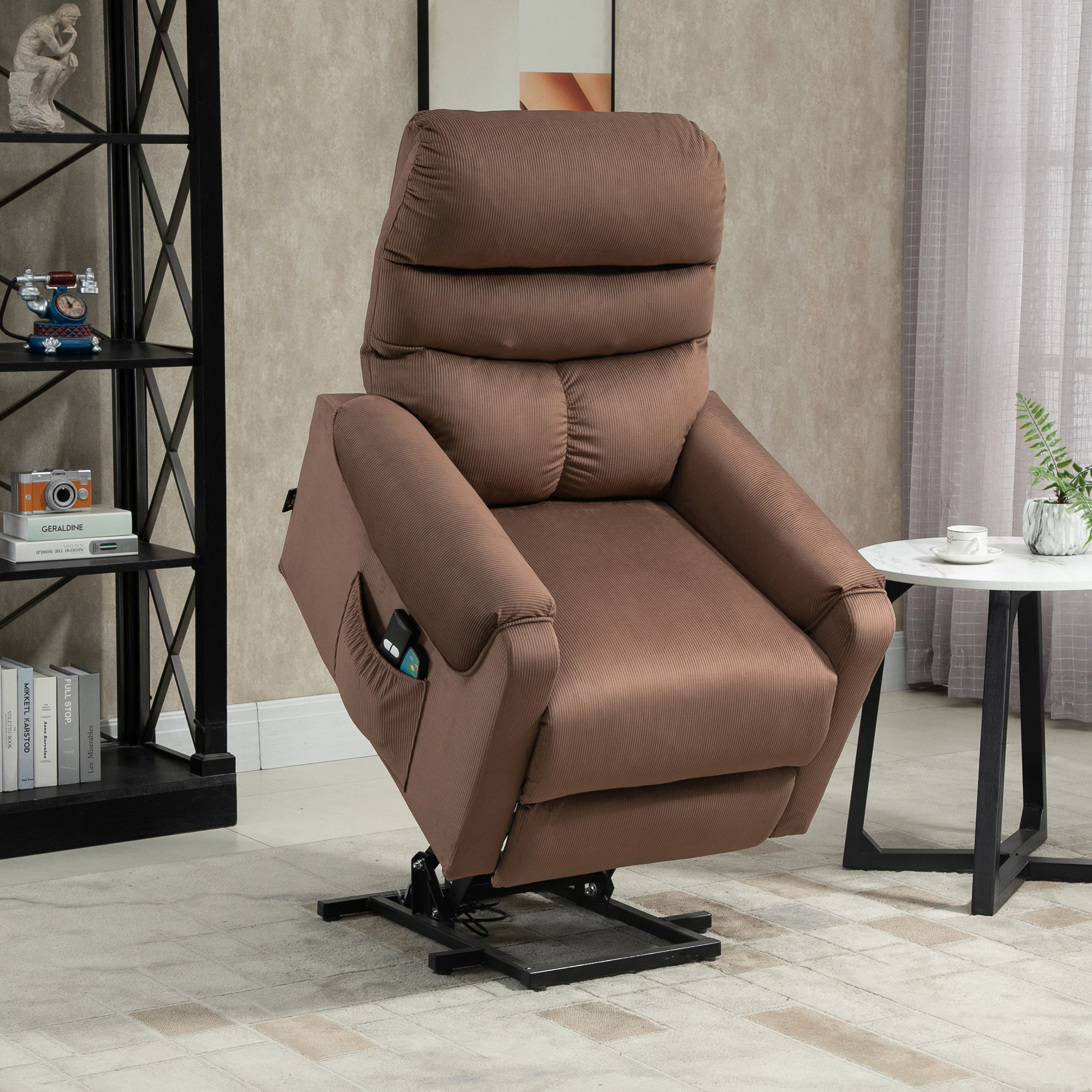 HOMCOM tv-stoel met massagefunctie opstahulp afstandsbediening, verwarming elektrisch ligfunctie polyester stof metaal lichtbruin 79 x 97 x 103 cm