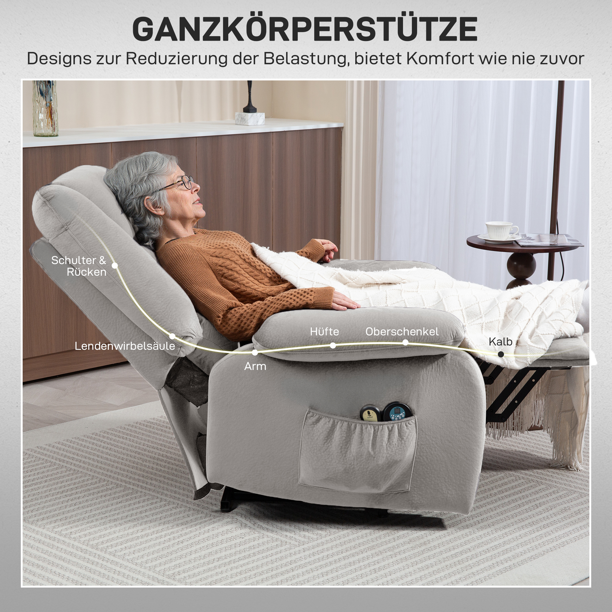 HOMCOM Opstaan Stoel met Massagefunctie, 90x93x110cm, Lichtgrijs