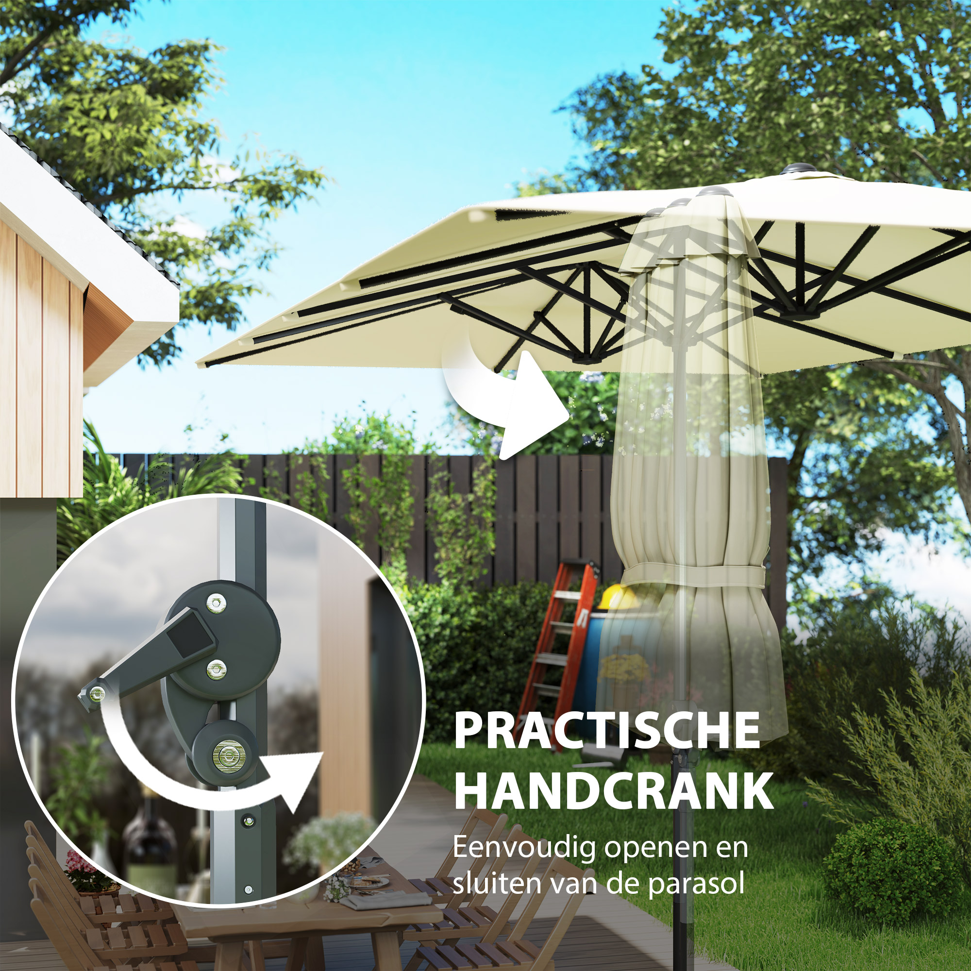 Outsunny Dubbelzijdige Parasol, 451 x 264 cm Zonnescherm met Kruksysteem, 12 Metalen Baleinen, Aluminiummast, Crèmewit