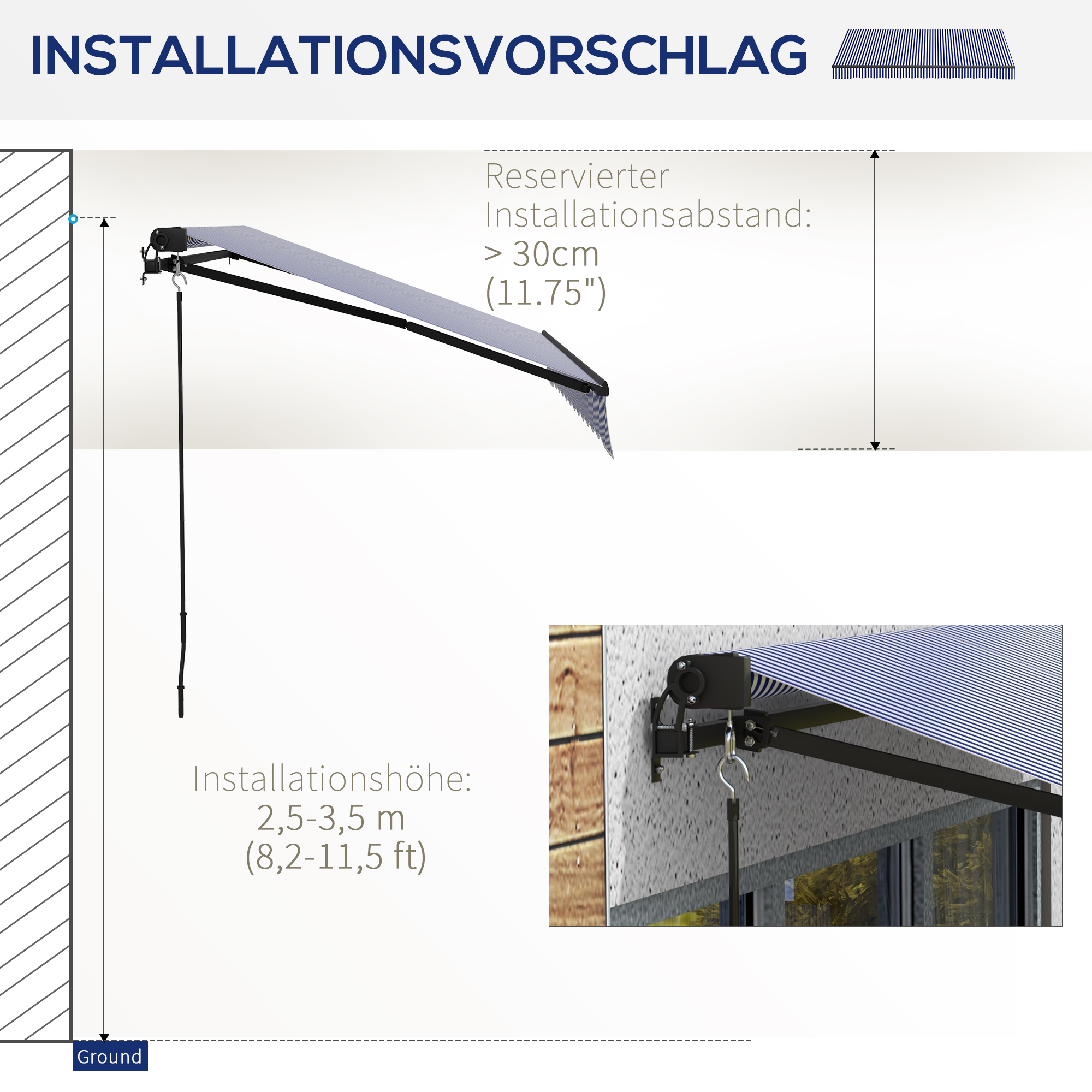 Outsunny Zonneluifel Luifel voor Terras, incl. Handkruk, weerbestendig, 247 cm x 295 cm, Blauw + Wit