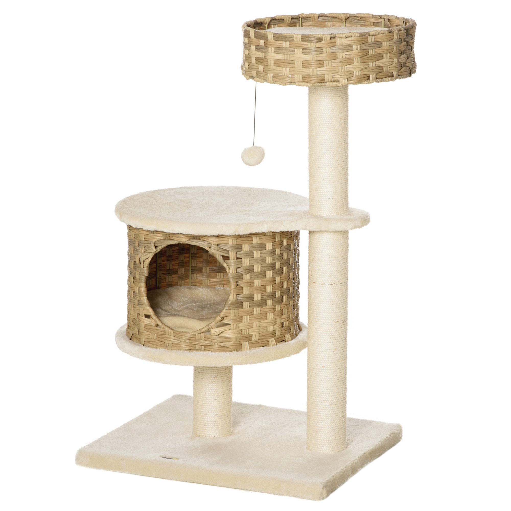 PawHut krabpaal kattenboom klimboom met sisalpalen stabiel met grotten speelballen speelsisal hoogte 95 cm spaanplaat sisal fluweelzacht polyester PE naturel + beige 55 x 47 x 95 cm