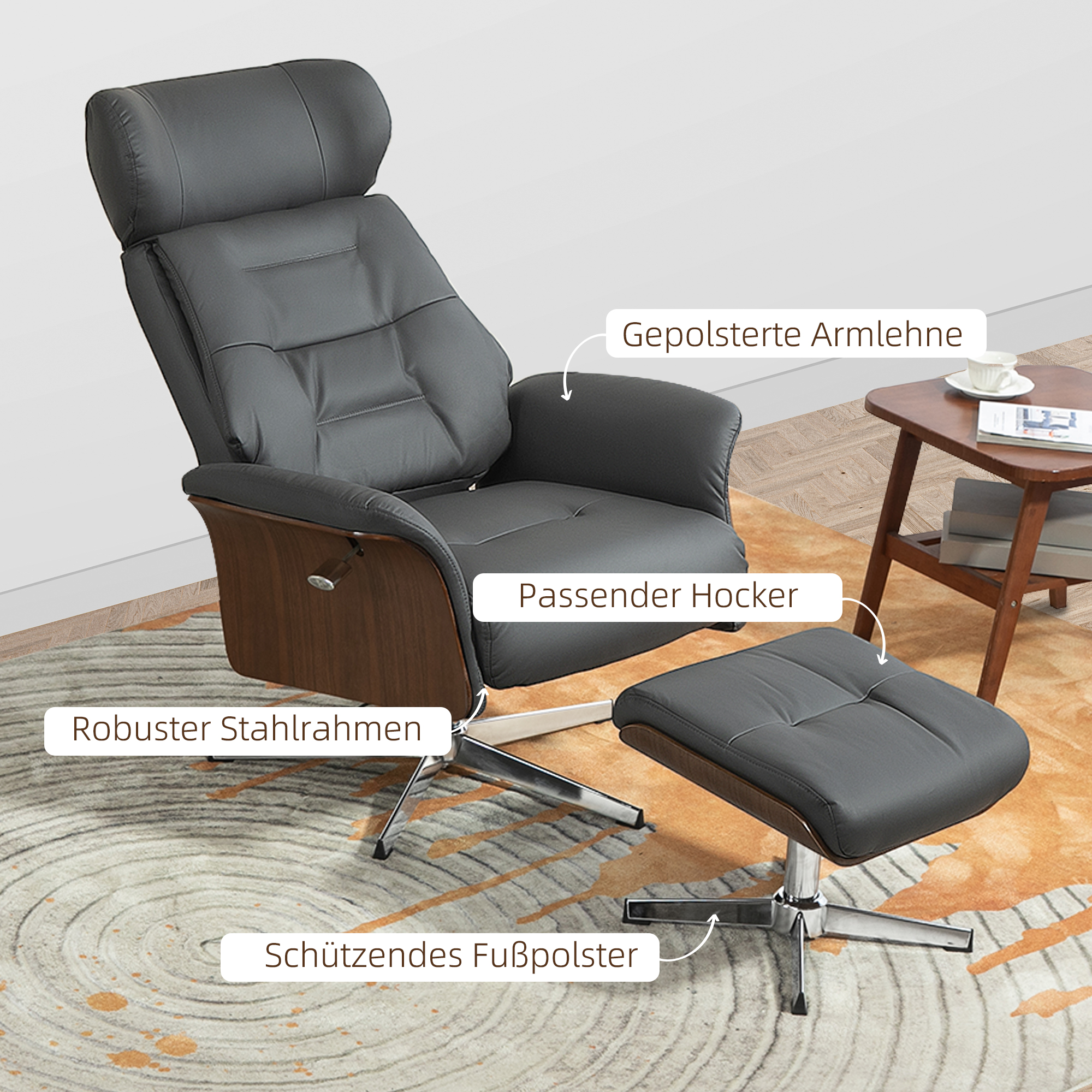 HOMCOM Relaxstoel met kruk, Ligfunctie, Draaibaar, Lederlook, tot 150 kg, Donkergrijs