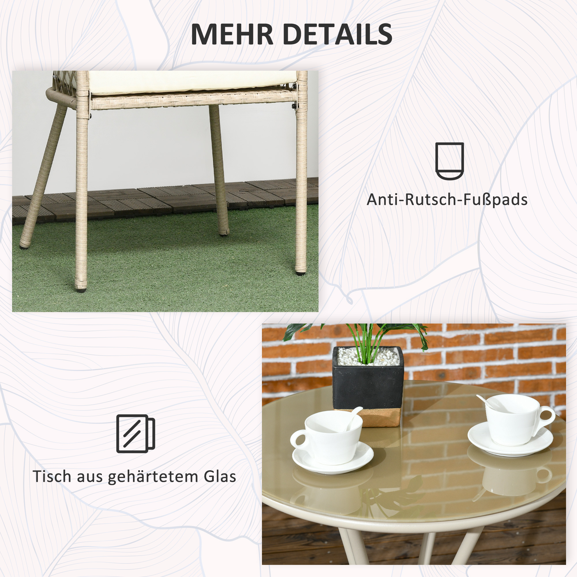 Outsunny Rattan Tuinmeubelset, 2 Stoelen en Tafel, Gehard Glas Tafelblad, PE Rattan, Zitkussens, Metalen Frame, Khaki
