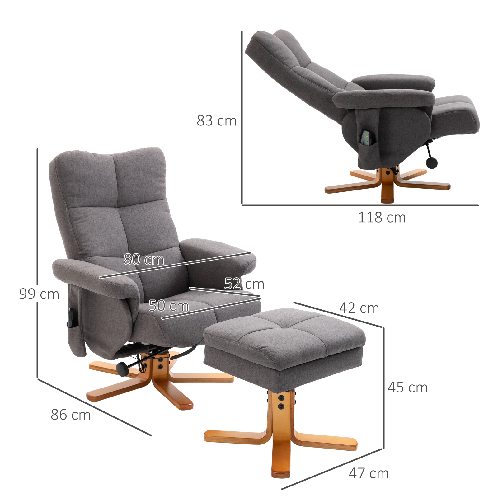 HOMCOM massagestoel met voetenbank relaxstoel 145 ° helling kunstleer donkergrijs 80 x 86 x 90 cm