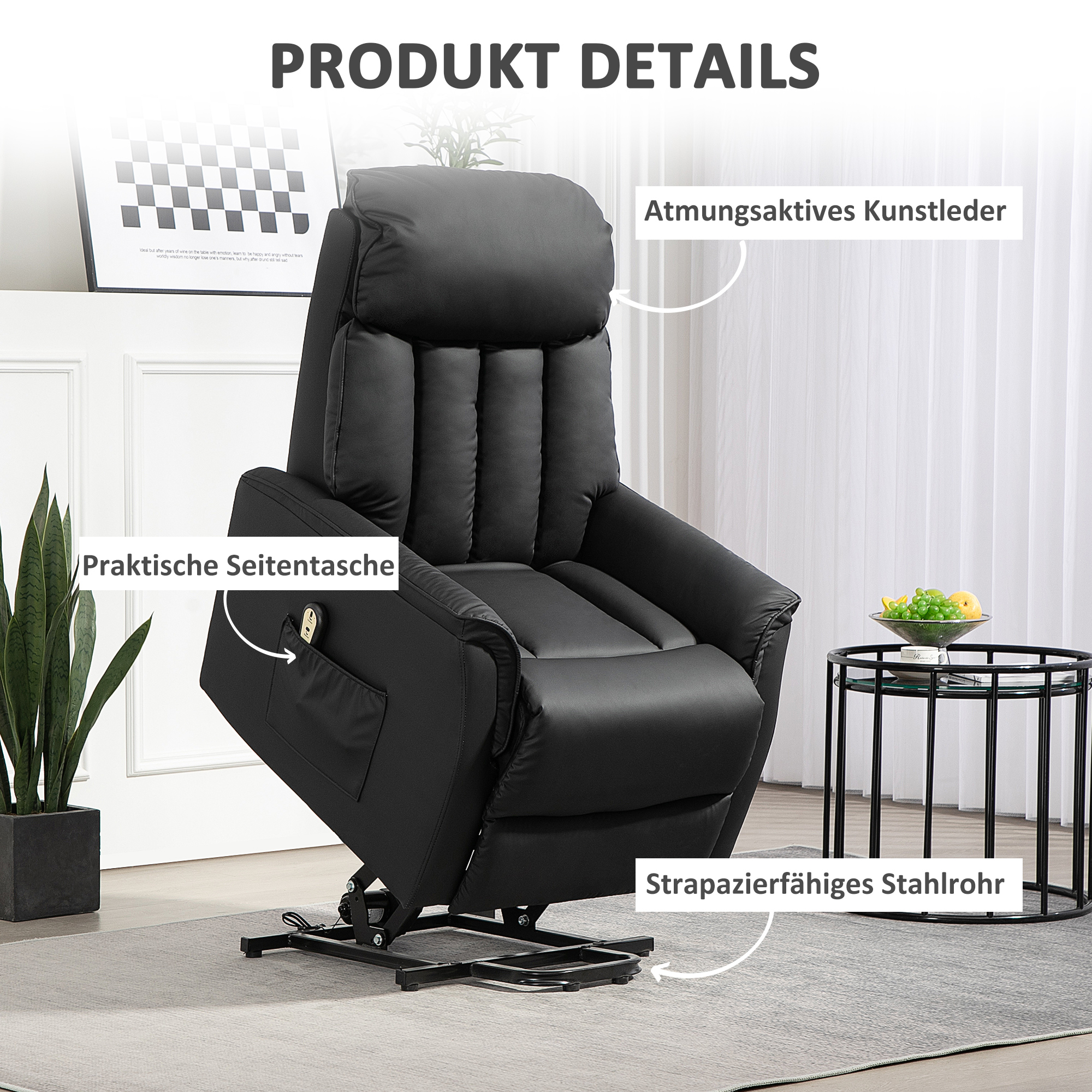 HOMCOM Elektrische Opsta-Stoel, TV-Stoel, Stoel met Opsta-Hulp, Ligfunctie, Kunstleer, 80 x 94 x 104 cm, Zwart