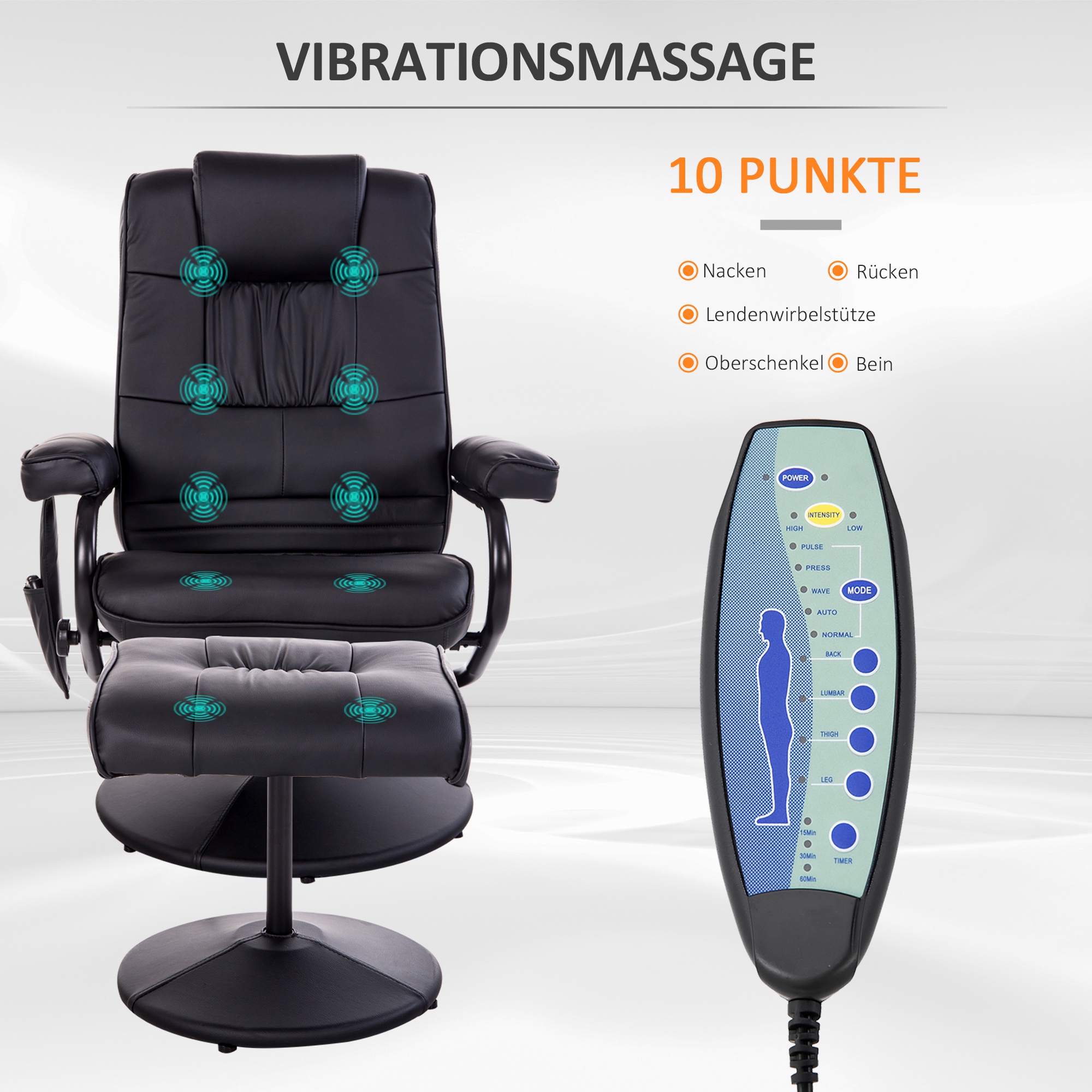 HOMCOM massagestoel relaxstoel tv-stoel stoel met massagefunctie incl. krukje kunstleer zwart 77 x 84 x 95 cm