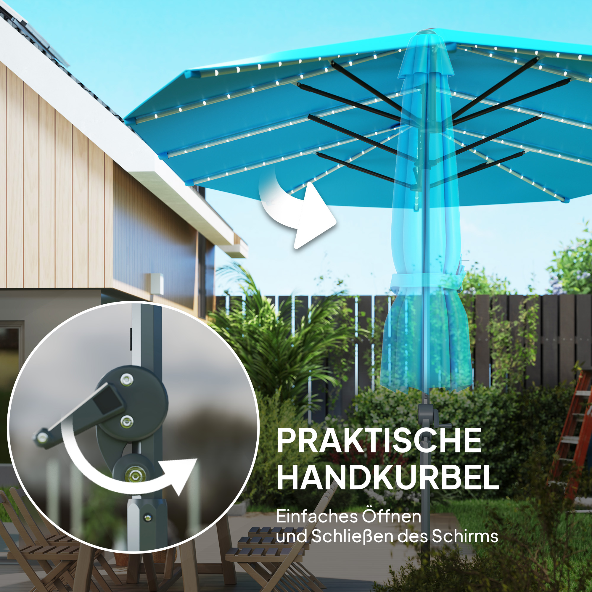 Outsunny Dubbele Parasol met Zonne-energie Verlichting, Aluminium, Polyester, UPF50+ Bescherming, UV-bestendig, Terrasparasol, Blauw