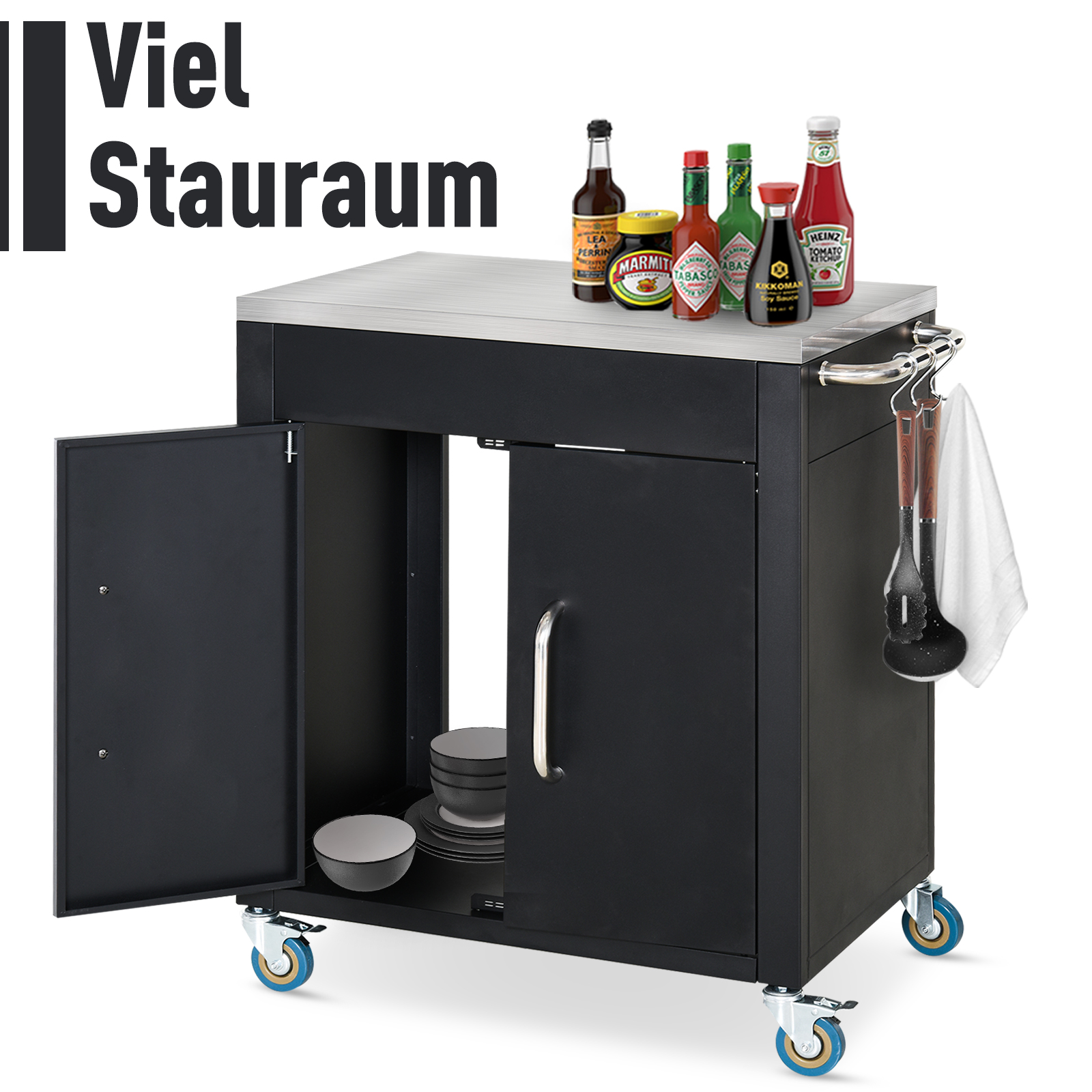 HOMCOM keukenwagen met wielen, serveerwagen, keukenhulp, rvs, zwart, 86 x 50 x 84,5 cm