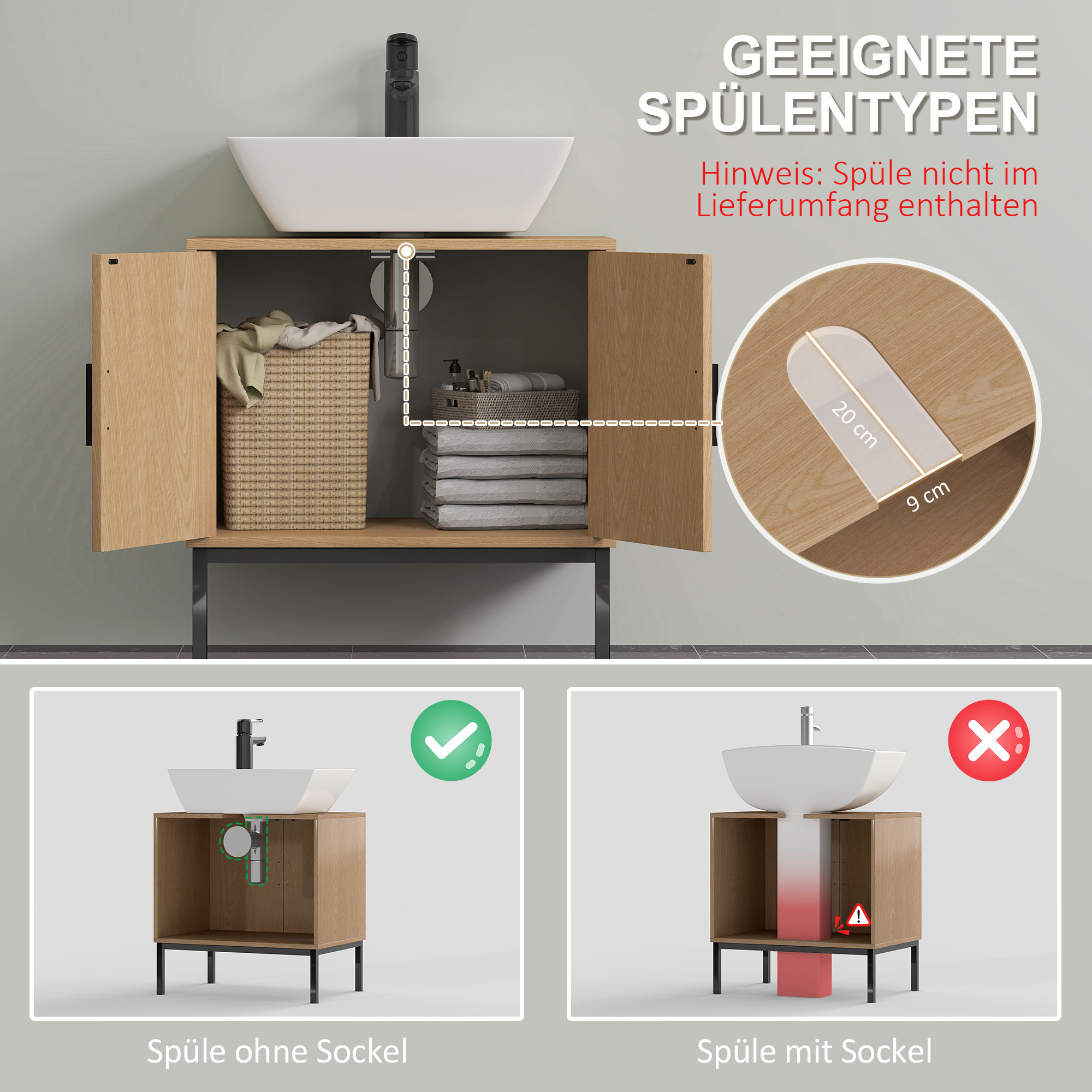 kleankin Badkameronderkast in Boho-ontwerp, Badkamerkast met Rieten Elementen, met U-vormige Uitsparing, Eiken