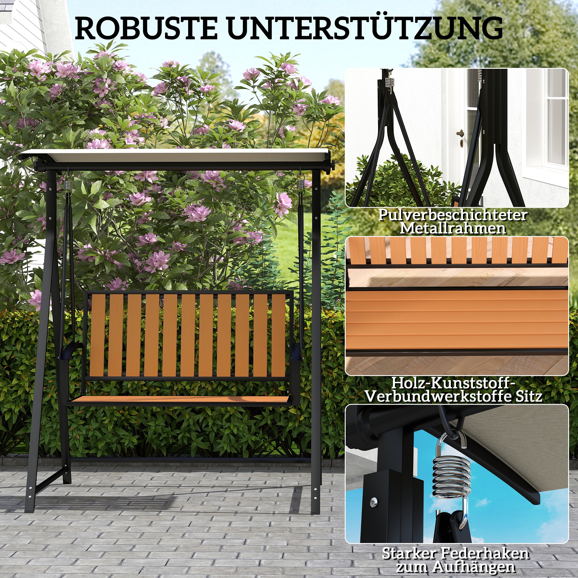 Outsunny Hollywoodschommel met verstelbaar zonnescherm, 2-zits Tuinschommel 142 x 112 x 162cm, Zwart