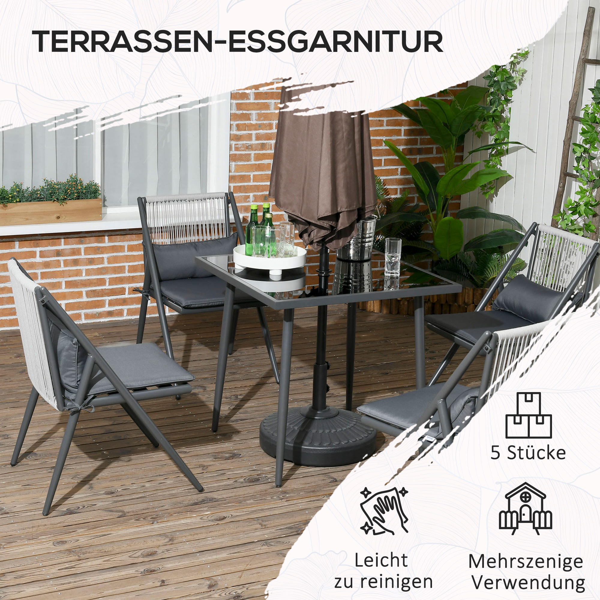 Outsunny 5-delige tuinmeubelset, tuinset, weerbestendig, 80 cm x 80 cm x 75 cm, donkergrijs