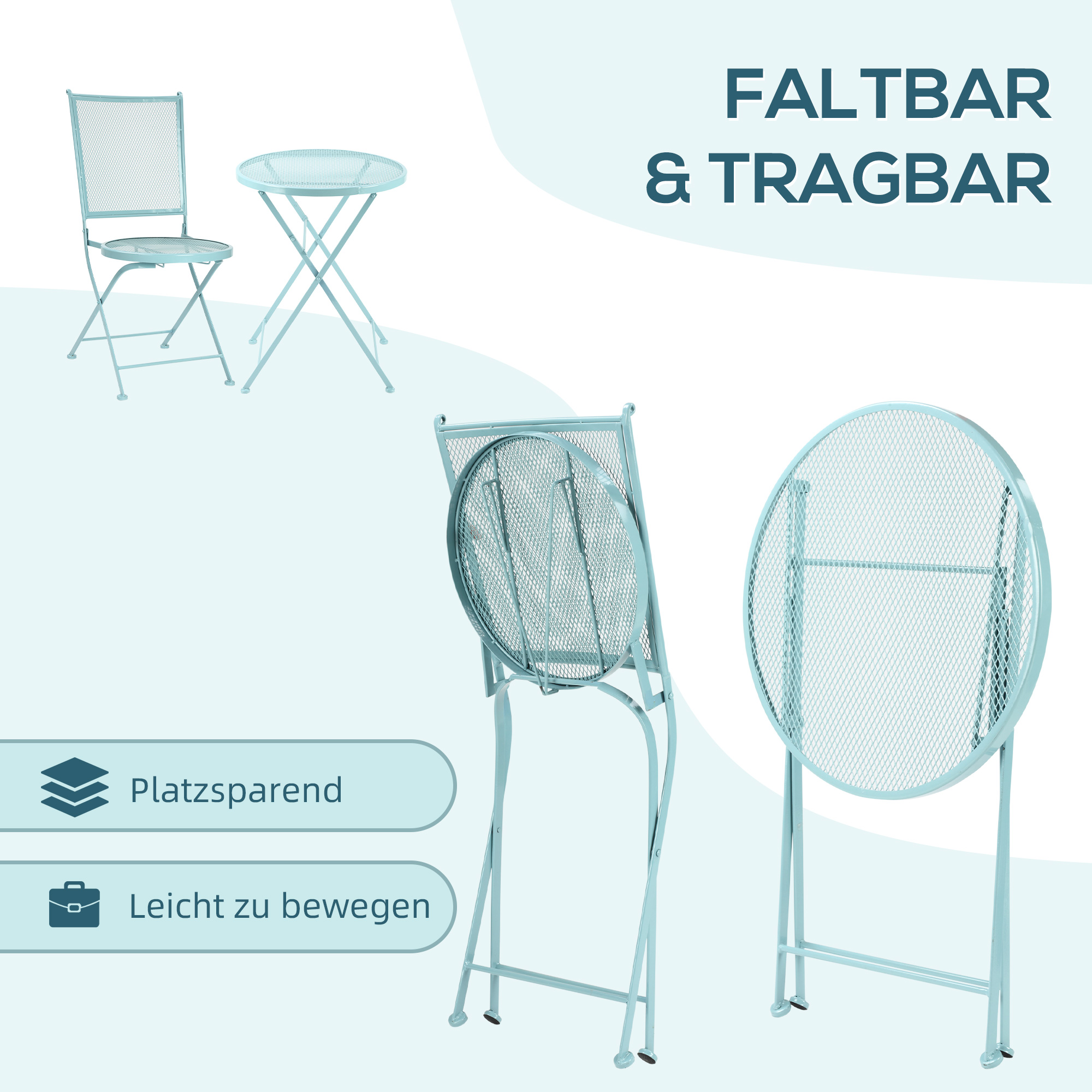 Outsunny tuinzitgroep 3-delige bistroset set 1 tafel + 2 klapstoelen voor terrasbalkon metaal blauw