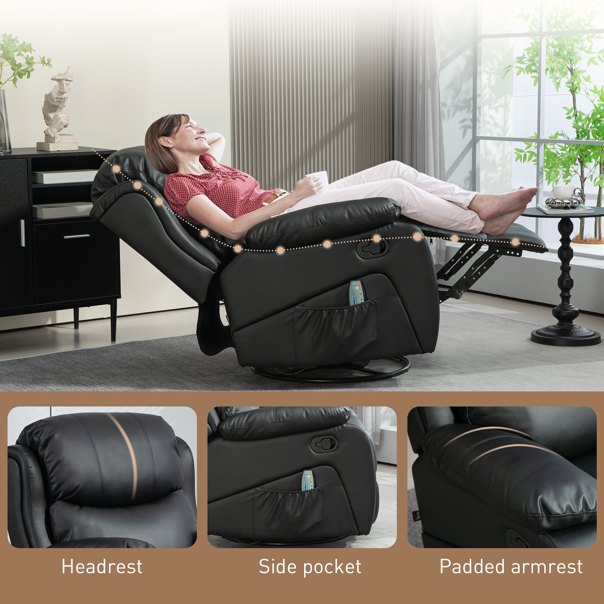 HOMCOM Massagestoel, Verwarm- & Ligfunctie, Kunstleer, tot 150kg, 97x92x104cm, Zwart