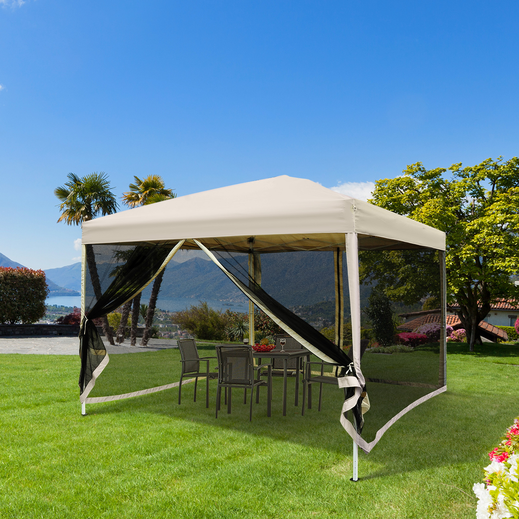 Outsunny Paviljoen partytent 3 x 3 m opvouwbare tent partytent met zijwanden staal beige