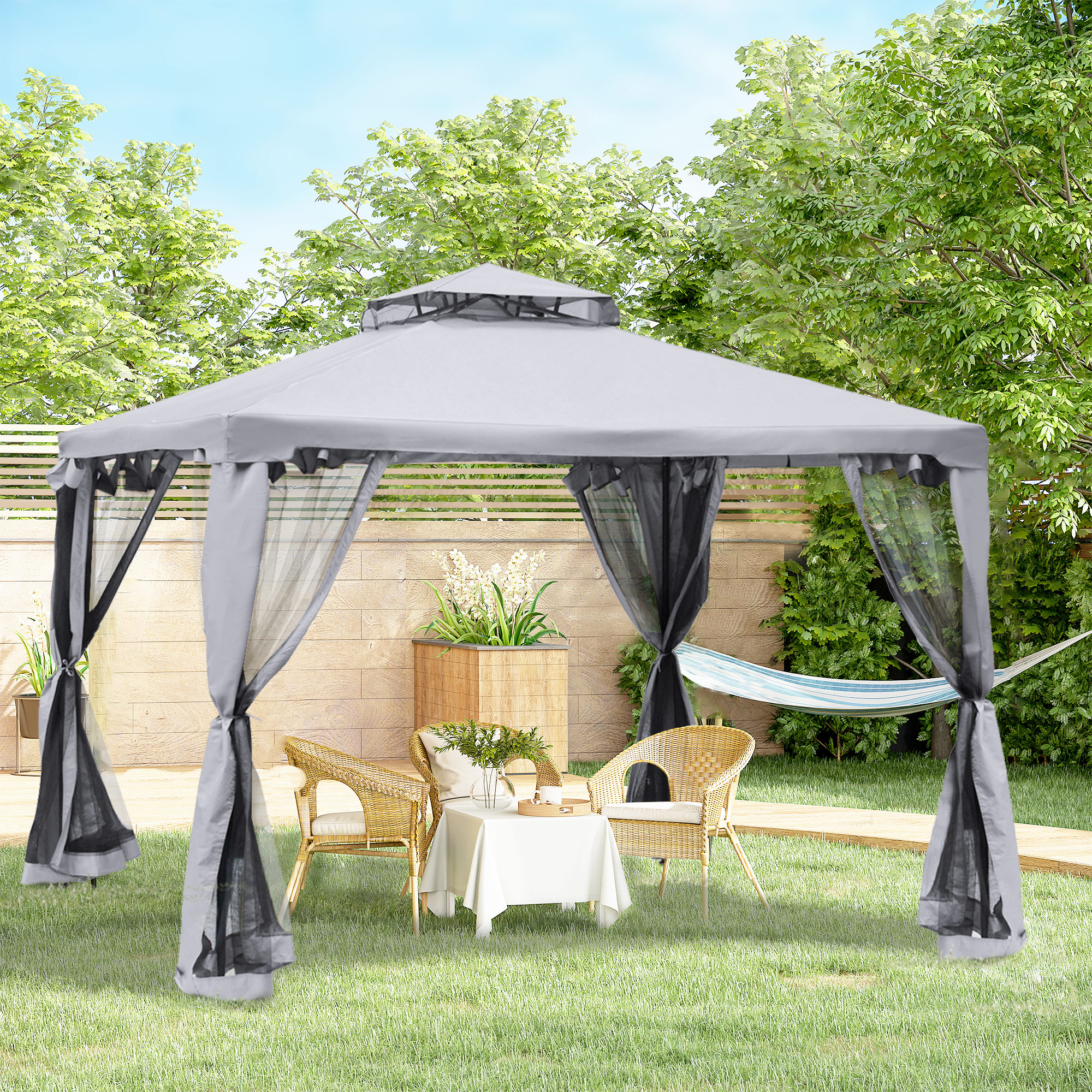 Outsunny Tuinpaviljoen 3x3 Tuin Paviljoen Met Muggengaas voor Feesten en Ontvangst, Grijs