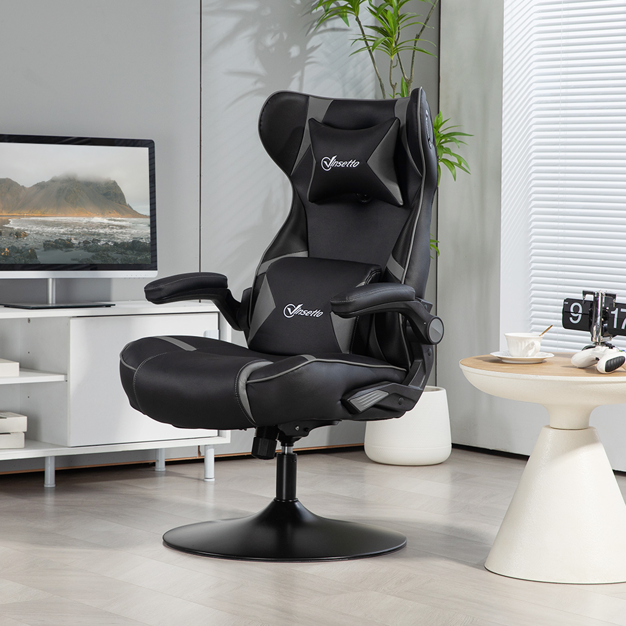 Vinsetto Gamingstoel met Schommelfunctie en Luidspreker, Lenden- en Neksteun, voor Speelkamer, Kunstleer, Grijs+Zwart