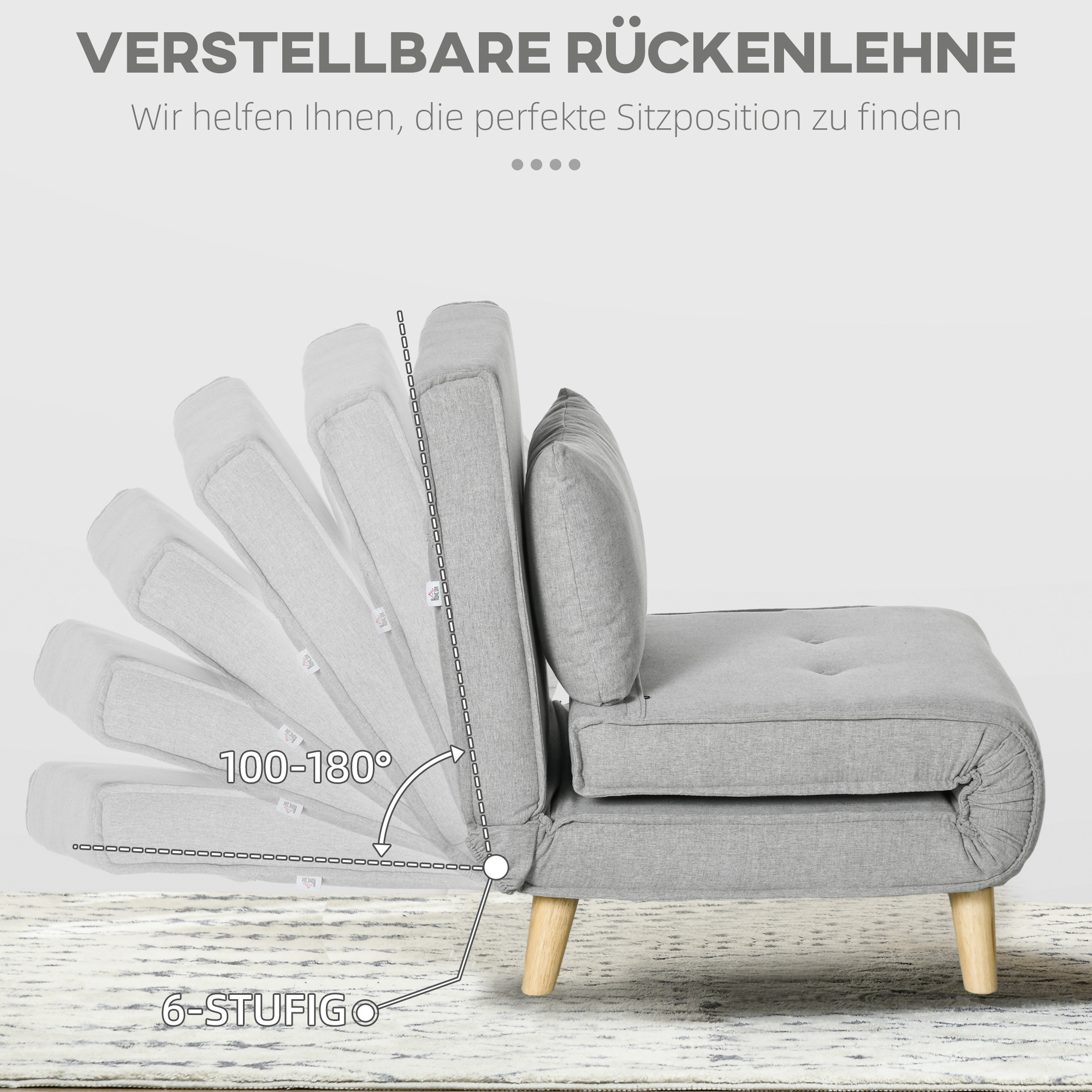 HOMCOM Slaapfauteuil, 6-traps verstelbare leuning, Linnenlook, tot 150 kg, Lichtgrijs