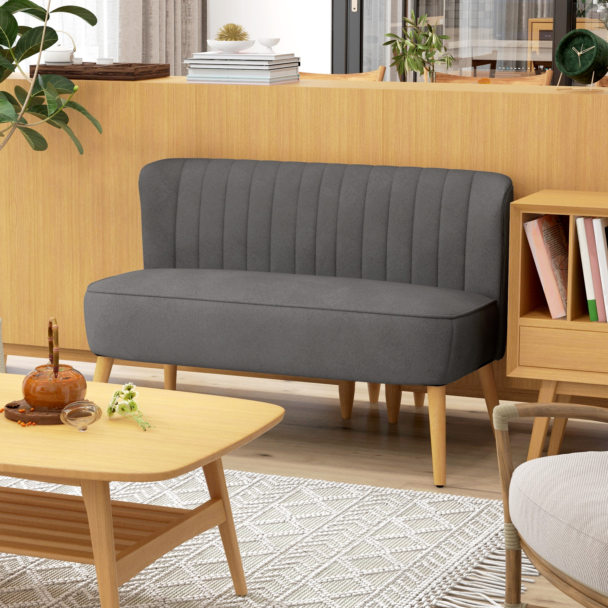 HOMCOM Sofa Retrodesign 2-zitsbank, houten poten, 117 cm x 56,5 cm x 77 cm, Donkergrijs