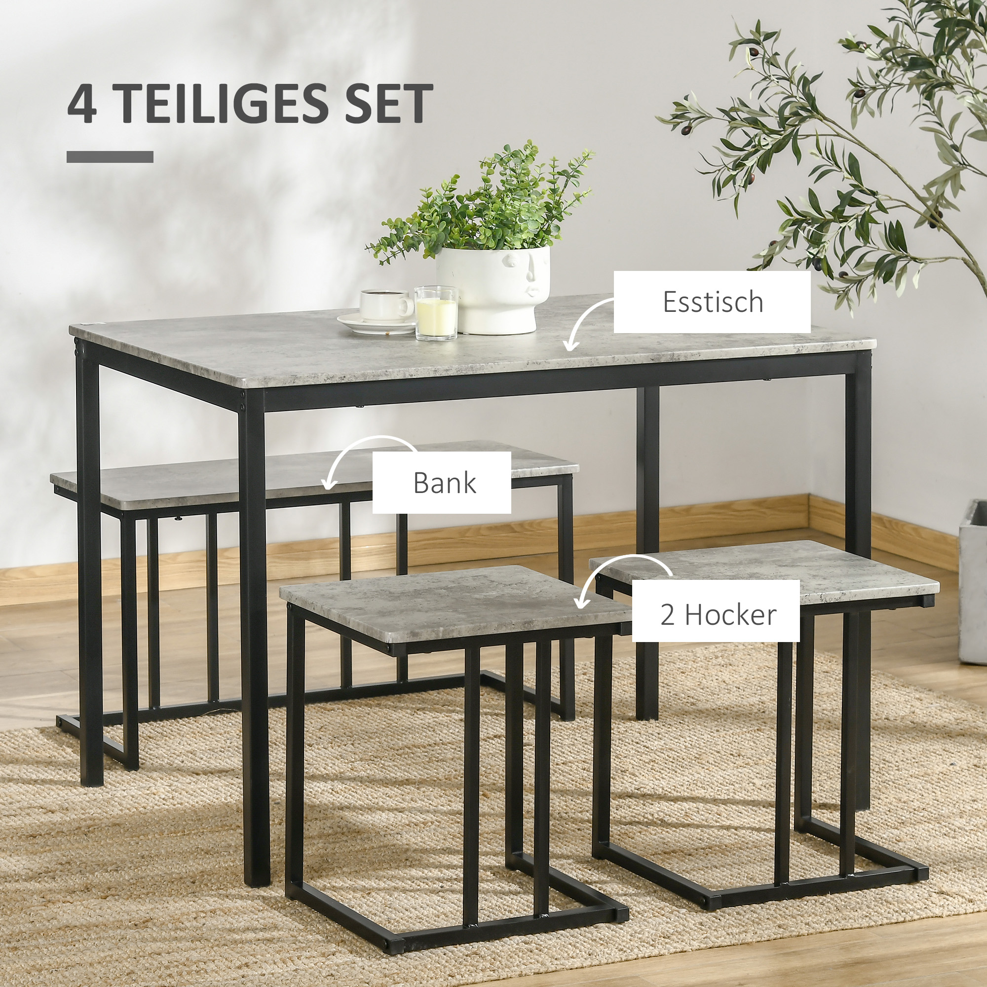 HOMCOM Eetset, 4-delig, Tafel, 2 Krukken en Bank, Compact, Metalen Frame, Grijs
