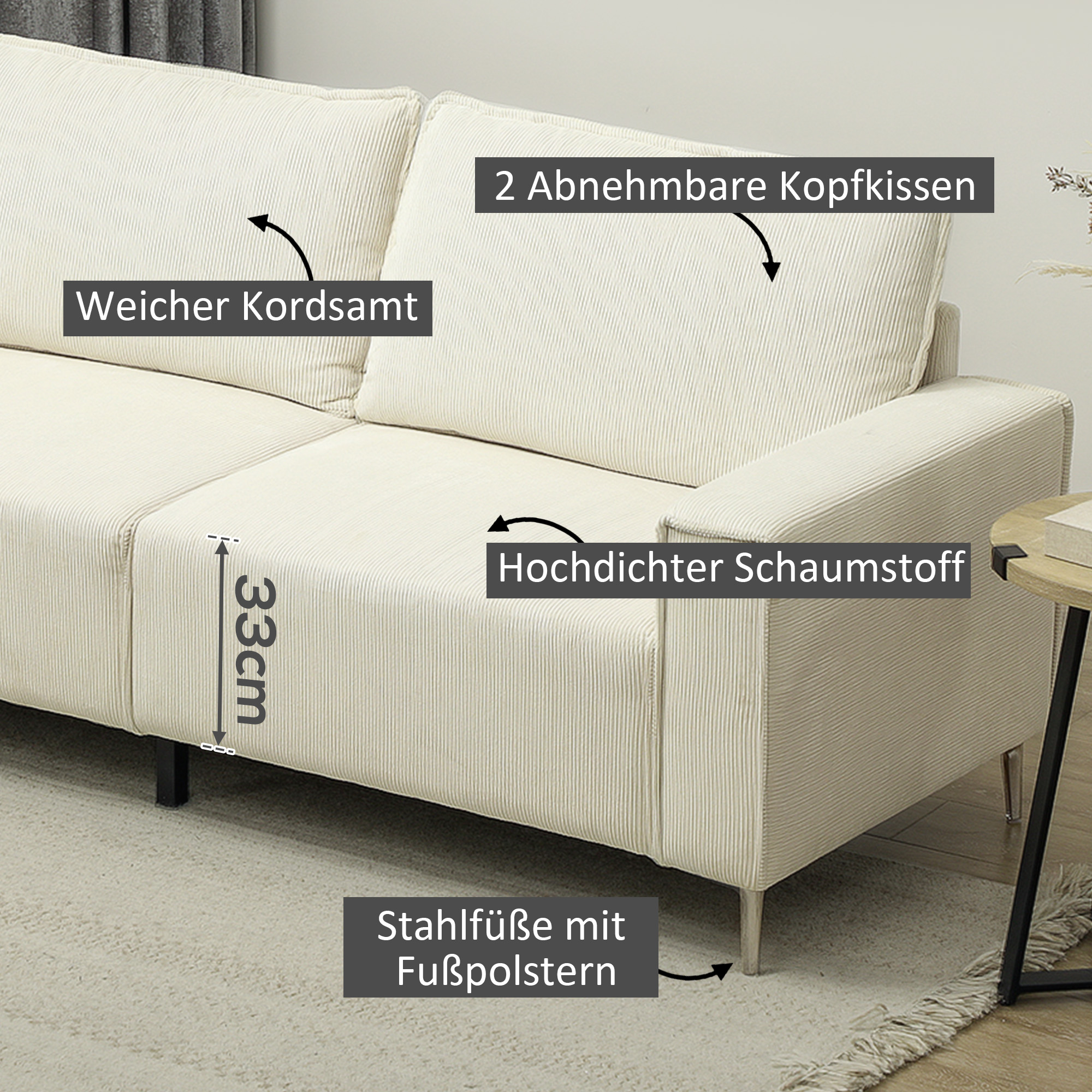 HOMCOM Modern 3-zits bank, Zachte bank met rugkussens, Gepolsterde sofa voor woonkamer, slaapkamer, thuiskantoor, Crèmewit